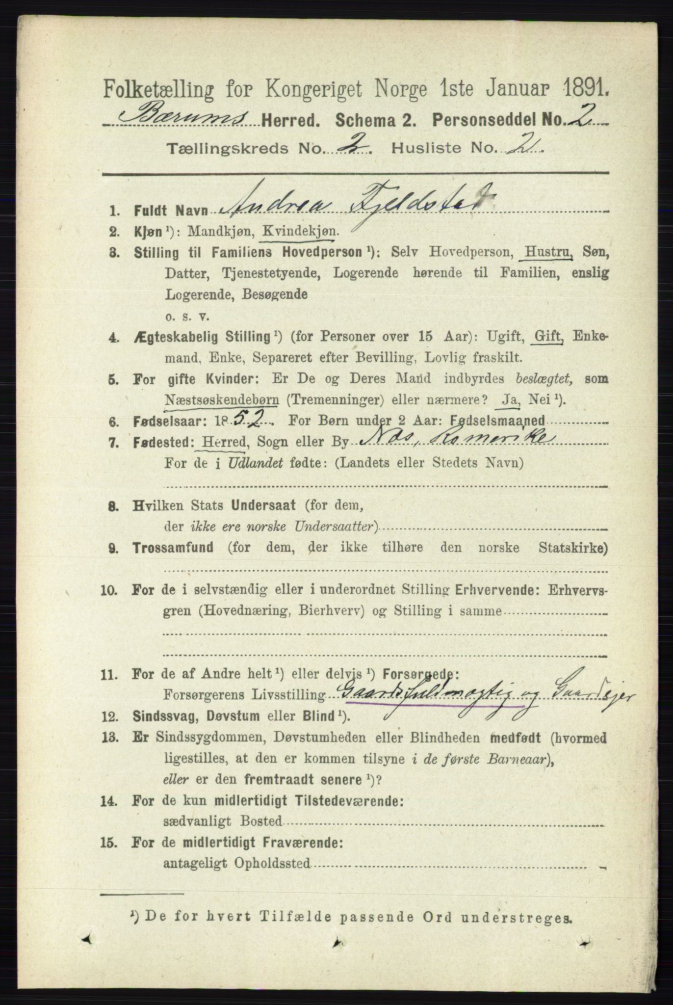 RA, 1891 census for 0219 Bærum, 1891, p. 1083