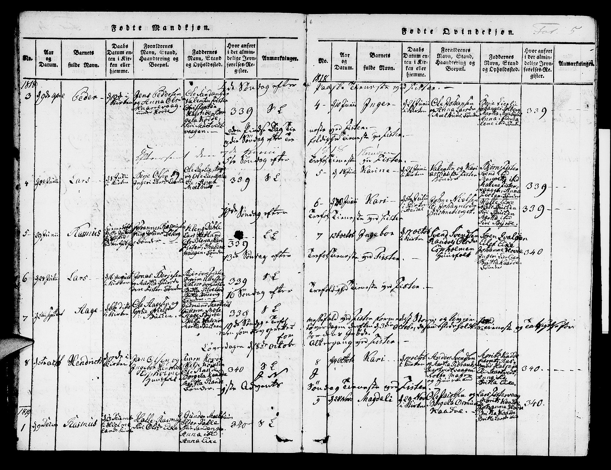 Hjelmeland sokneprestkontor, AV/SAST-A-101843/01/IV/L0004: Parish register (official) no. A 4, 1816-1834, p. 5