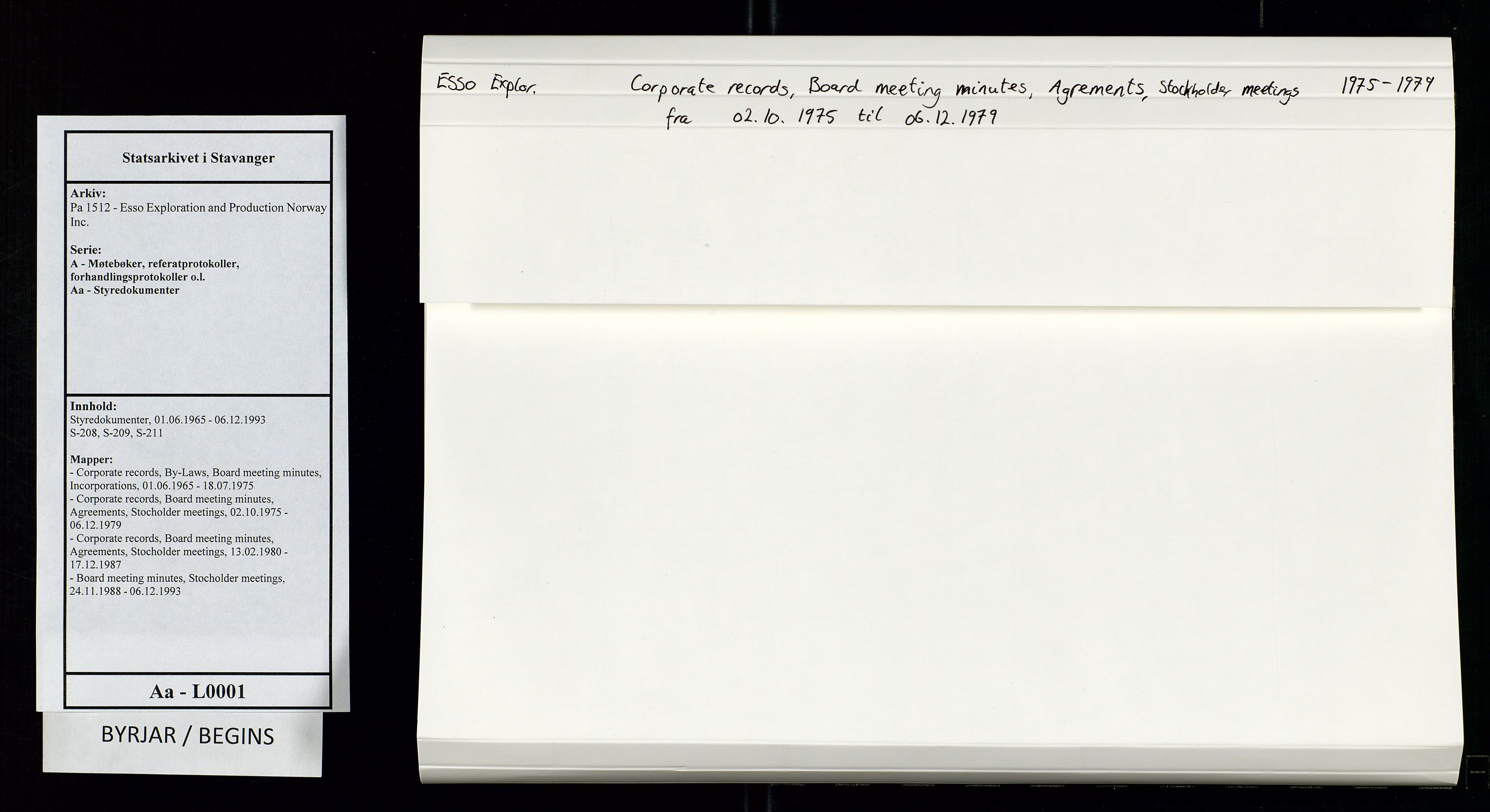 Pa 1512 - Esso Exploration and Production Norway Inc., SAST/A-101917/A/Aa/L0001/0002: Styredokumenter / Corporate records, Board meeting minutes, Agreements, Stocholder meetings, 1975-1979, p. 1