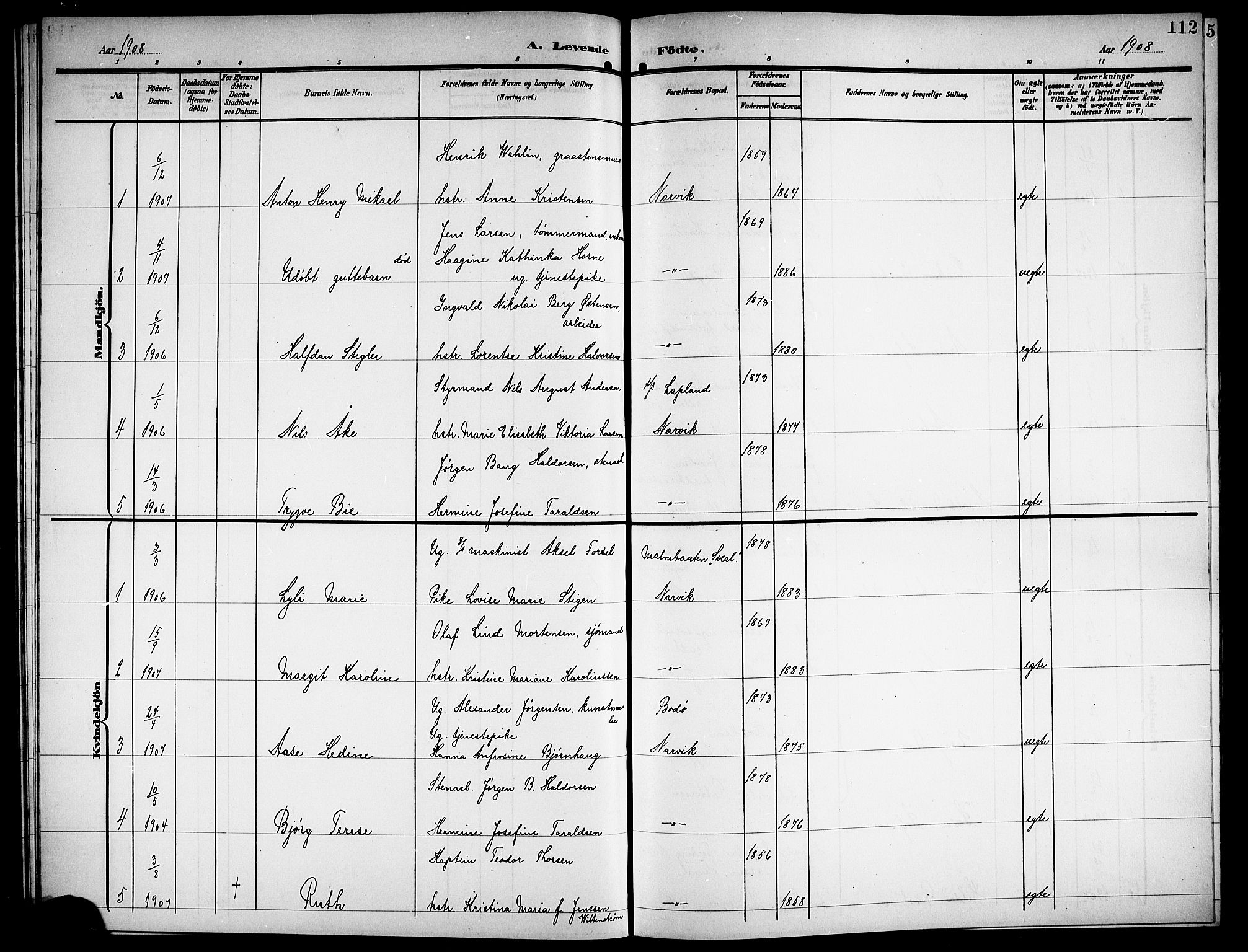 Ministerialprotokoller, klokkerbøker og fødselsregistre - Nordland, AV/SAT-A-1459/871/L1012: Parish register (copy) no. 871C01, 1902-1909, p. 112