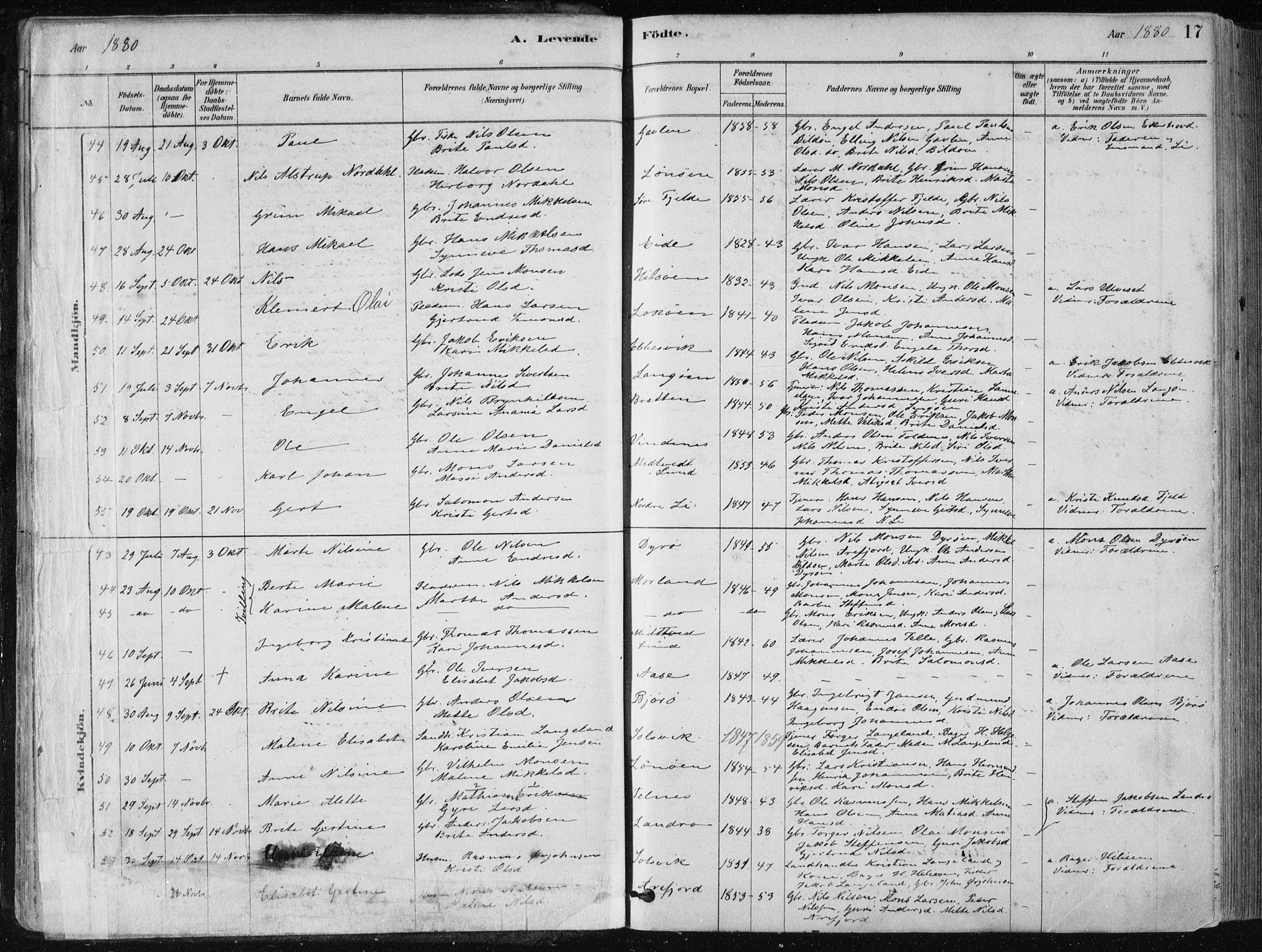 Fjell sokneprestembete, SAB/A-75301/H/Haa: Parish register (official) no. A  8, 1878-1898, p. 17