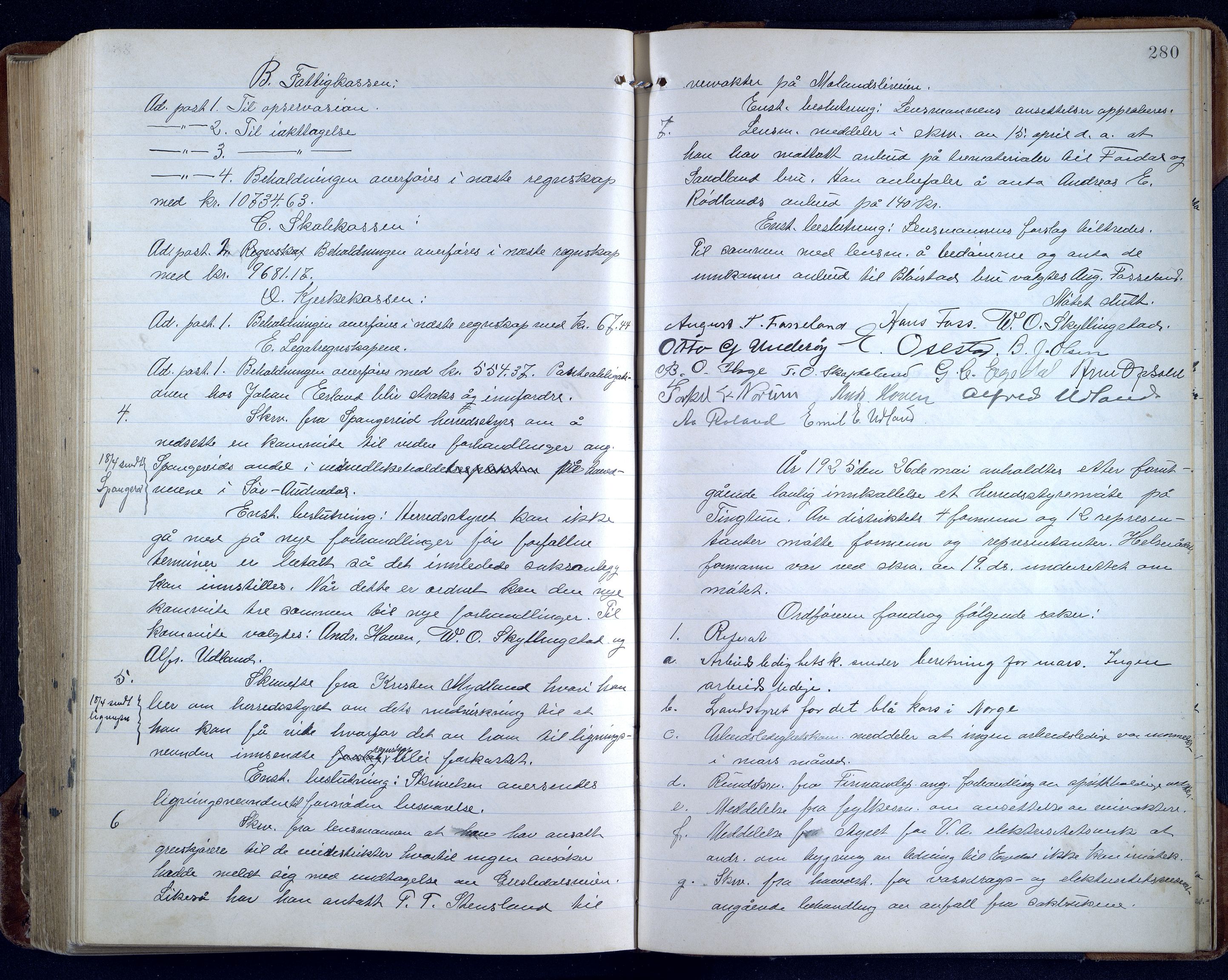 Sør-Audnedal kommune - Formannskapet/Kommunestyret, ARKSOR/1029SØ120/A/L0005: Møtebok, 1916-1925, p. 279b-280a