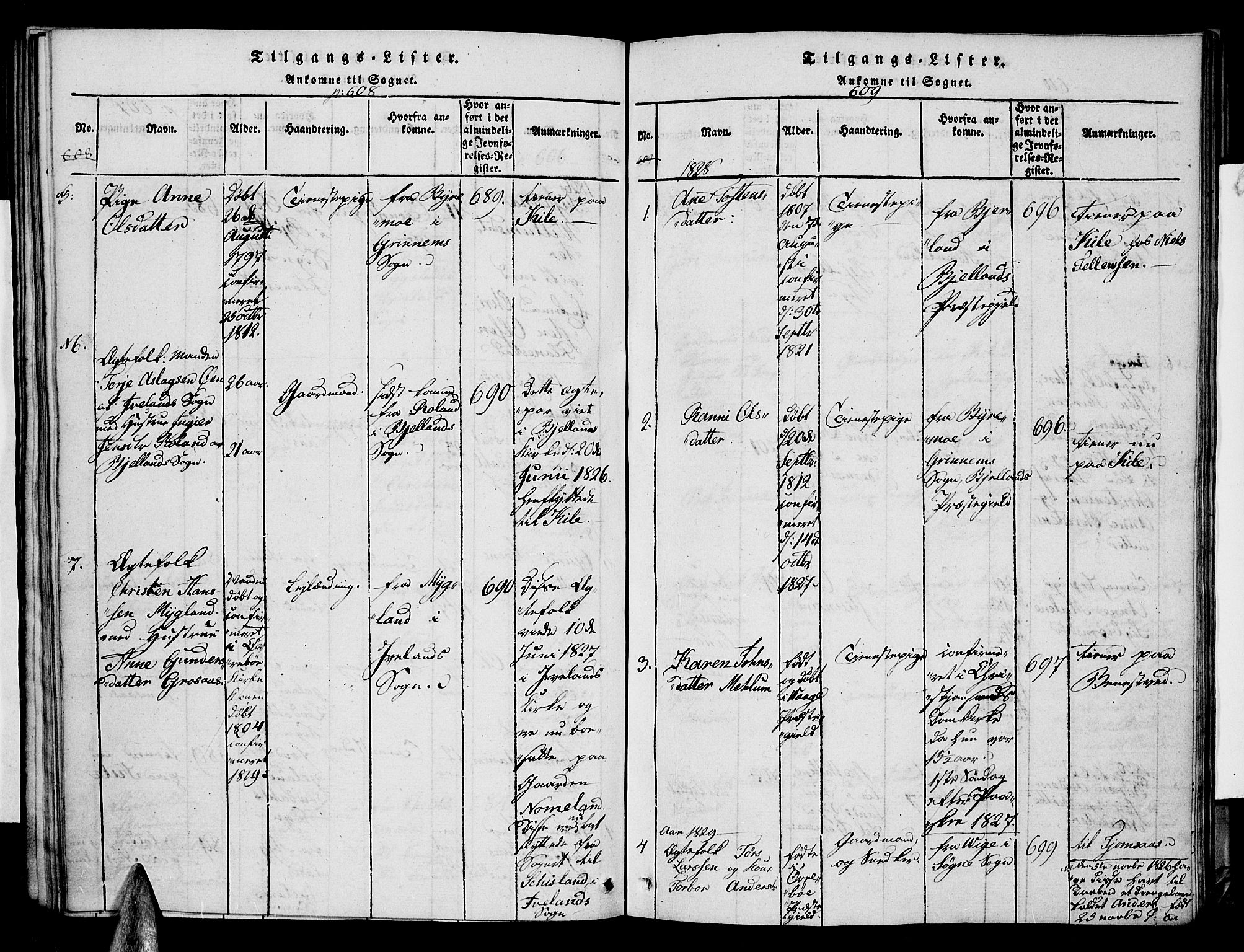 Vennesla sokneprestkontor, SAK/1111-0045/Fa/Faa/L0003: Parish register (official) no. A 3, 1820-1834, p. 608-609