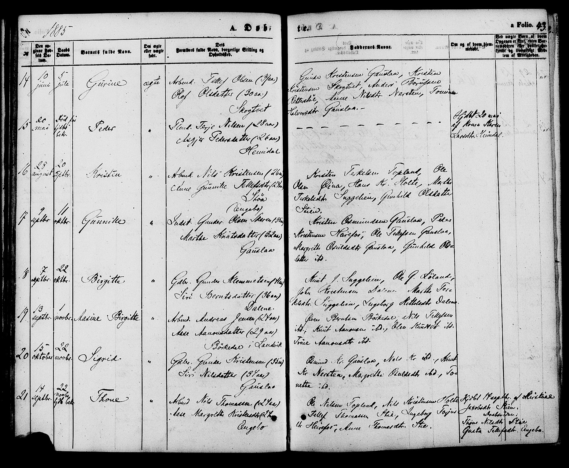 Herefoss sokneprestkontor, AV/SAK-1111-0019/F/Fa/Faa/L0002: Parish register (official) no. A 2, 1861-1886, p. 43