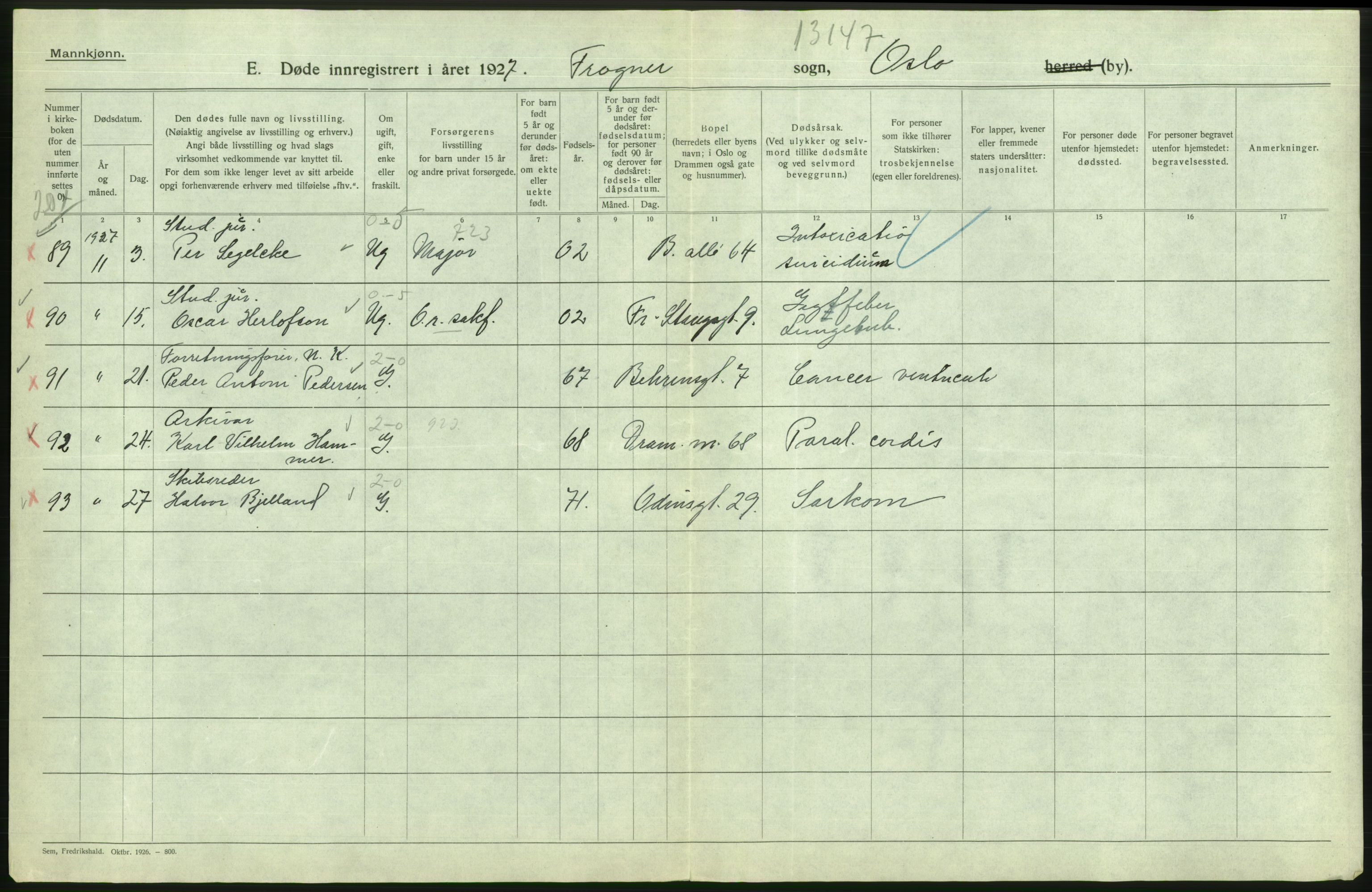 Statistisk sentralbyrå, Sosiodemografiske emner, Befolkning, AV/RA-S-2228/D/Df/Dfc/Dfcg/L0009: Oslo: Døde menn, 1927, p. 116