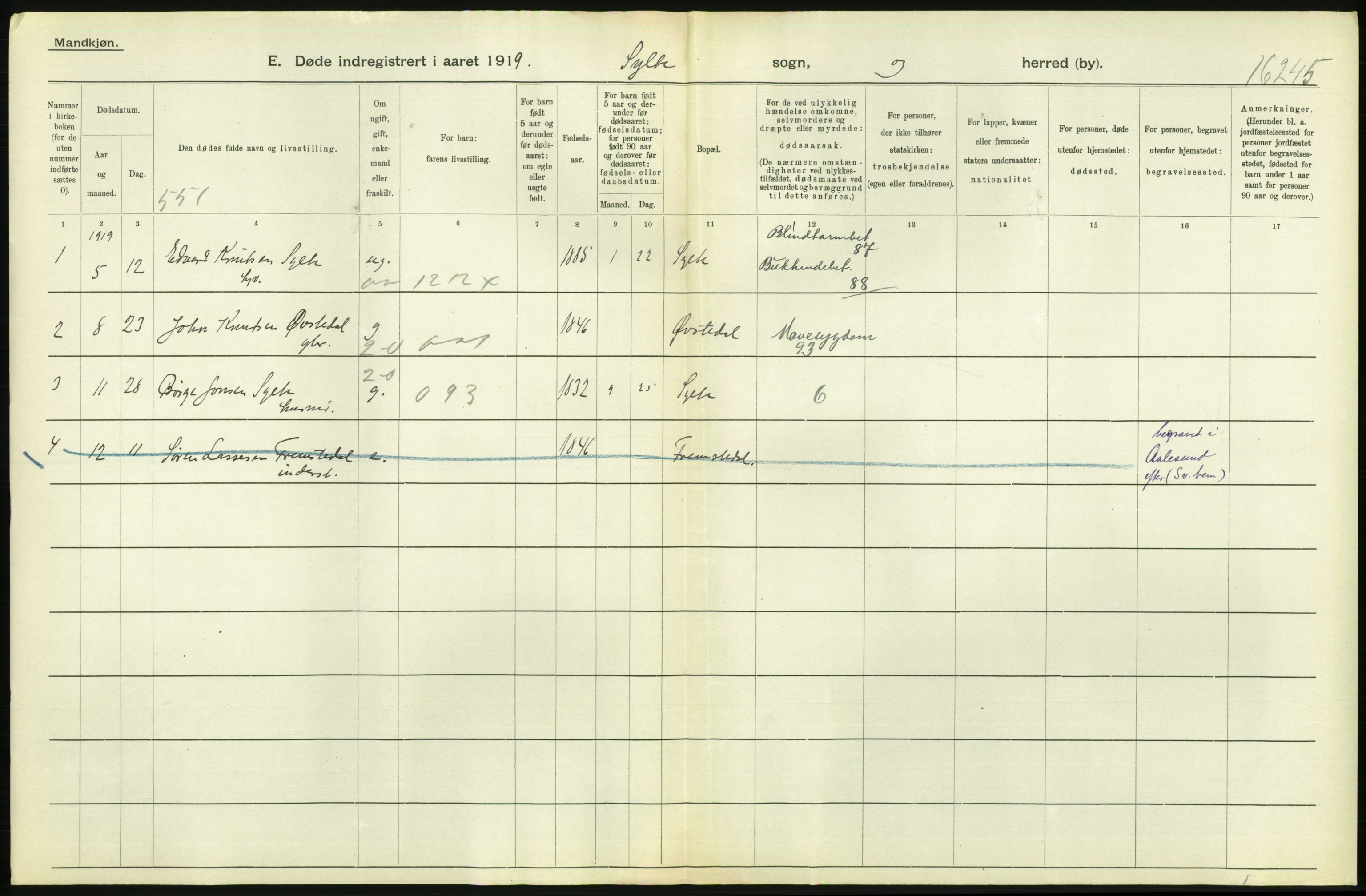 Statistisk sentralbyrå, Sosiodemografiske emner, Befolkning, AV/RA-S-2228/D/Df/Dfb/Dfbi/L0042: Møre fylke: Døde. Bygder og byer., 1919, p. 94