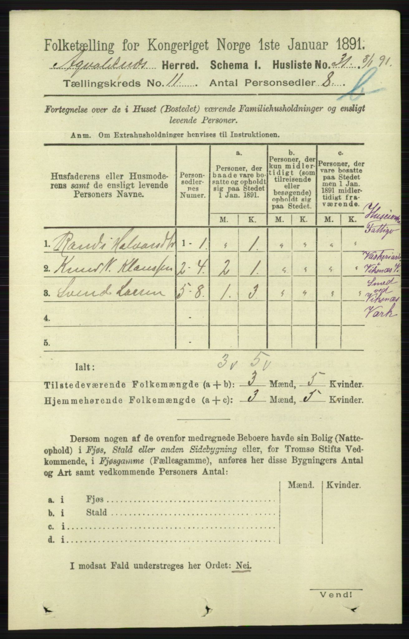 RA, 1891 census for 1147 Avaldsnes, 1891, p. 6195