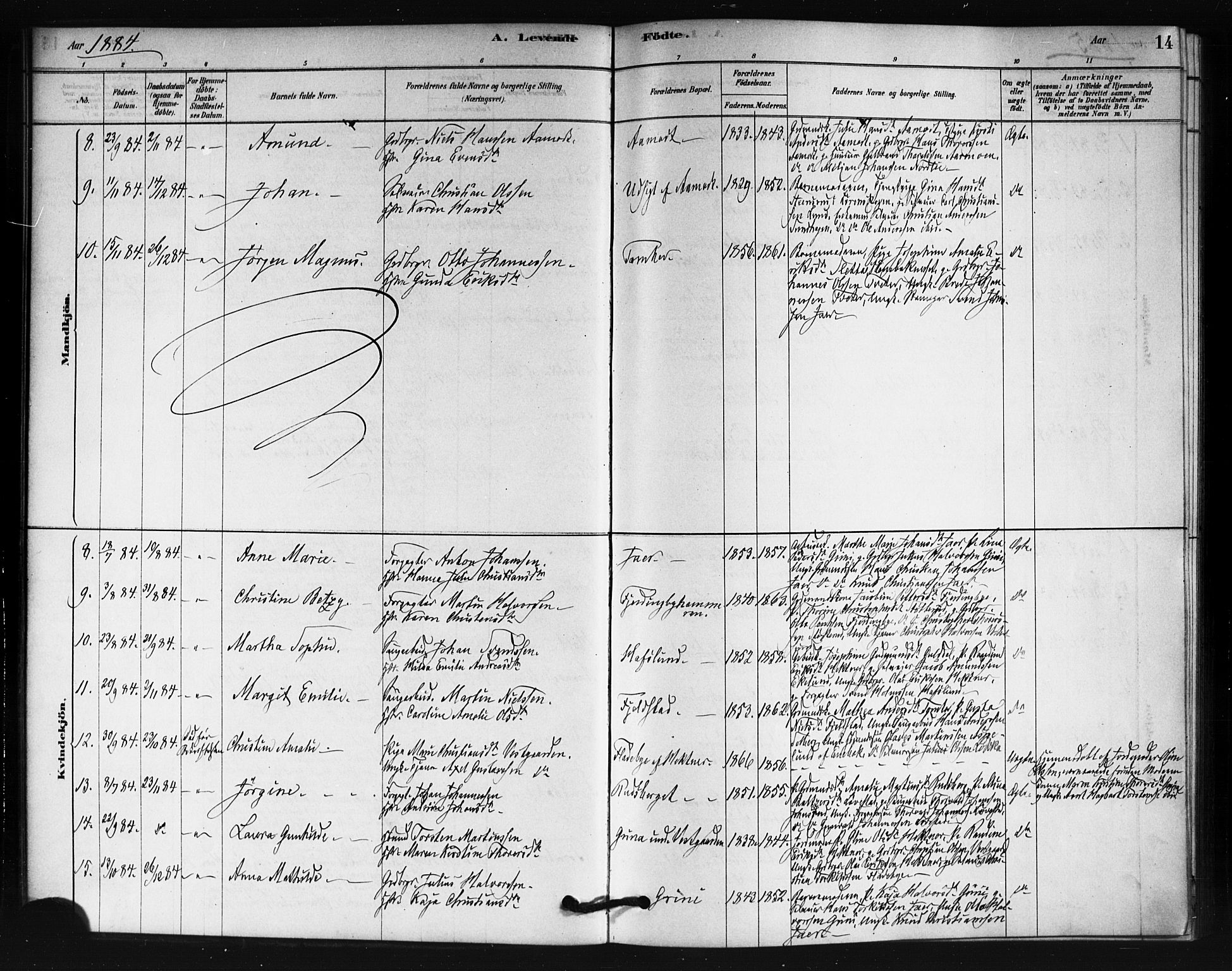 Fet prestekontor Kirkebøker, AV/SAO-A-10370a/F/Fb/L0001: Parish register (official) no. II 1, 1878-1891, p. 14