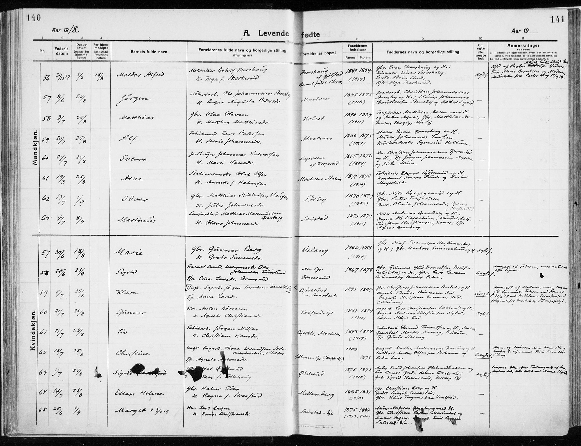 Ringsaker prestekontor, AV/SAH-PREST-014/K/Ka/L0020: Parish register (official) no. 20, 1913-1922, p. 140-141