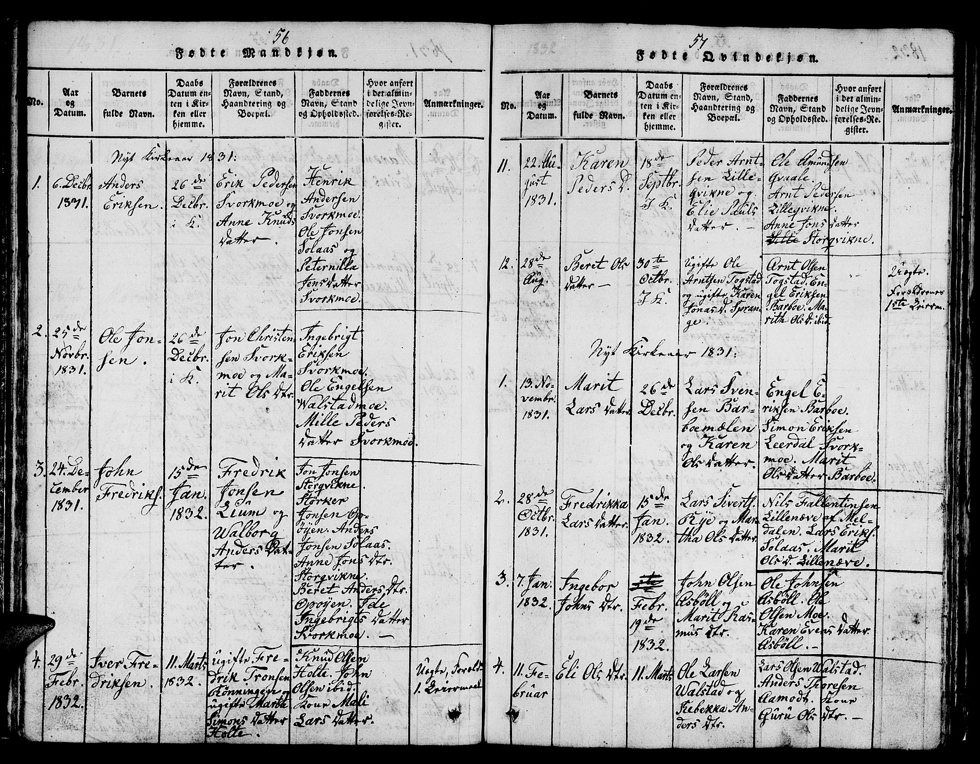 Ministerialprotokoller, klokkerbøker og fødselsregistre - Sør-Trøndelag, SAT/A-1456/671/L0842: Parish register (copy) no. 671C01, 1816-1867, p. 56-57