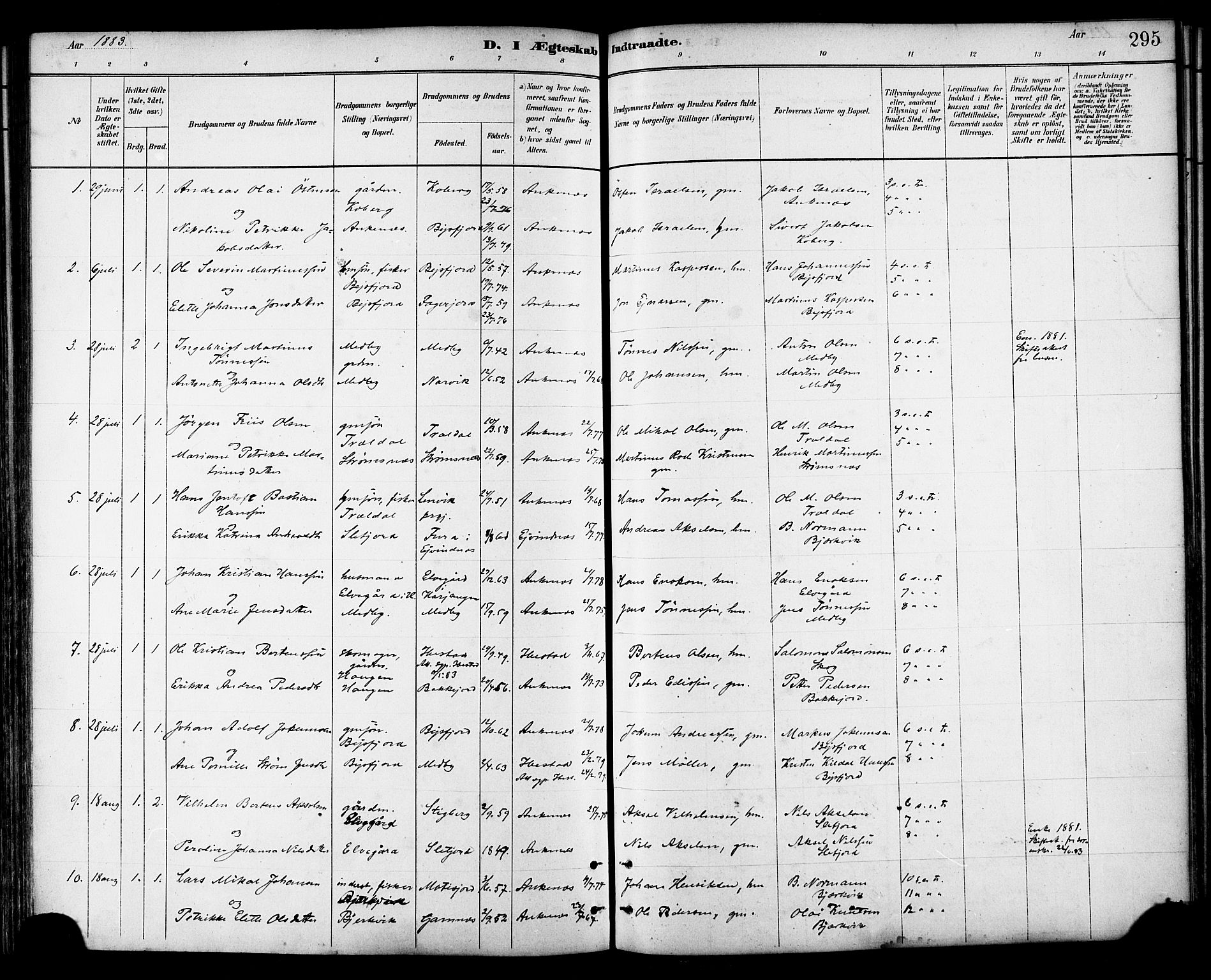Ministerialprotokoller, klokkerbøker og fødselsregistre - Nordland, AV/SAT-A-1459/866/L0938: Parish register (official) no. 866A01, 1879-1893, p. 295