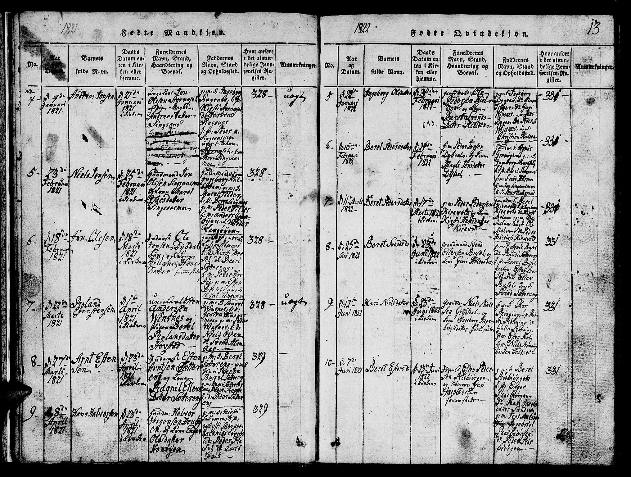 Ministerialprotokoller, klokkerbøker og fødselsregistre - Sør-Trøndelag, SAT/A-1456/688/L1026: Parish register (copy) no. 688C01, 1817-1860, p. 13