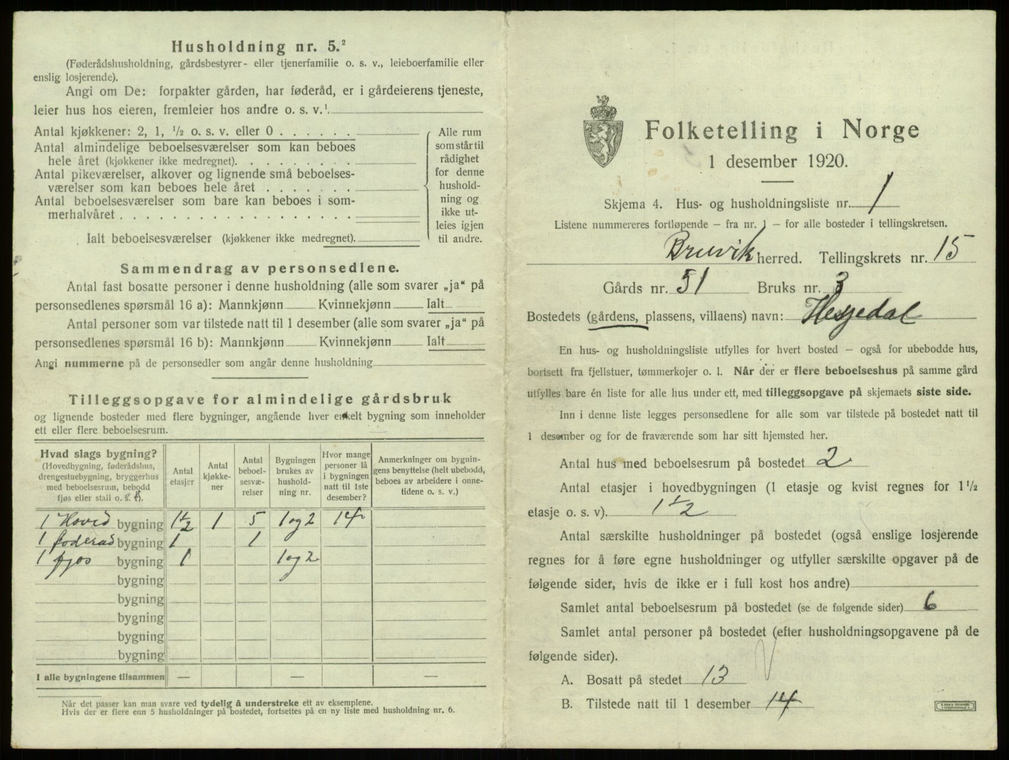 SAB, 1920 census for Bruvik, 1920, p. 1019