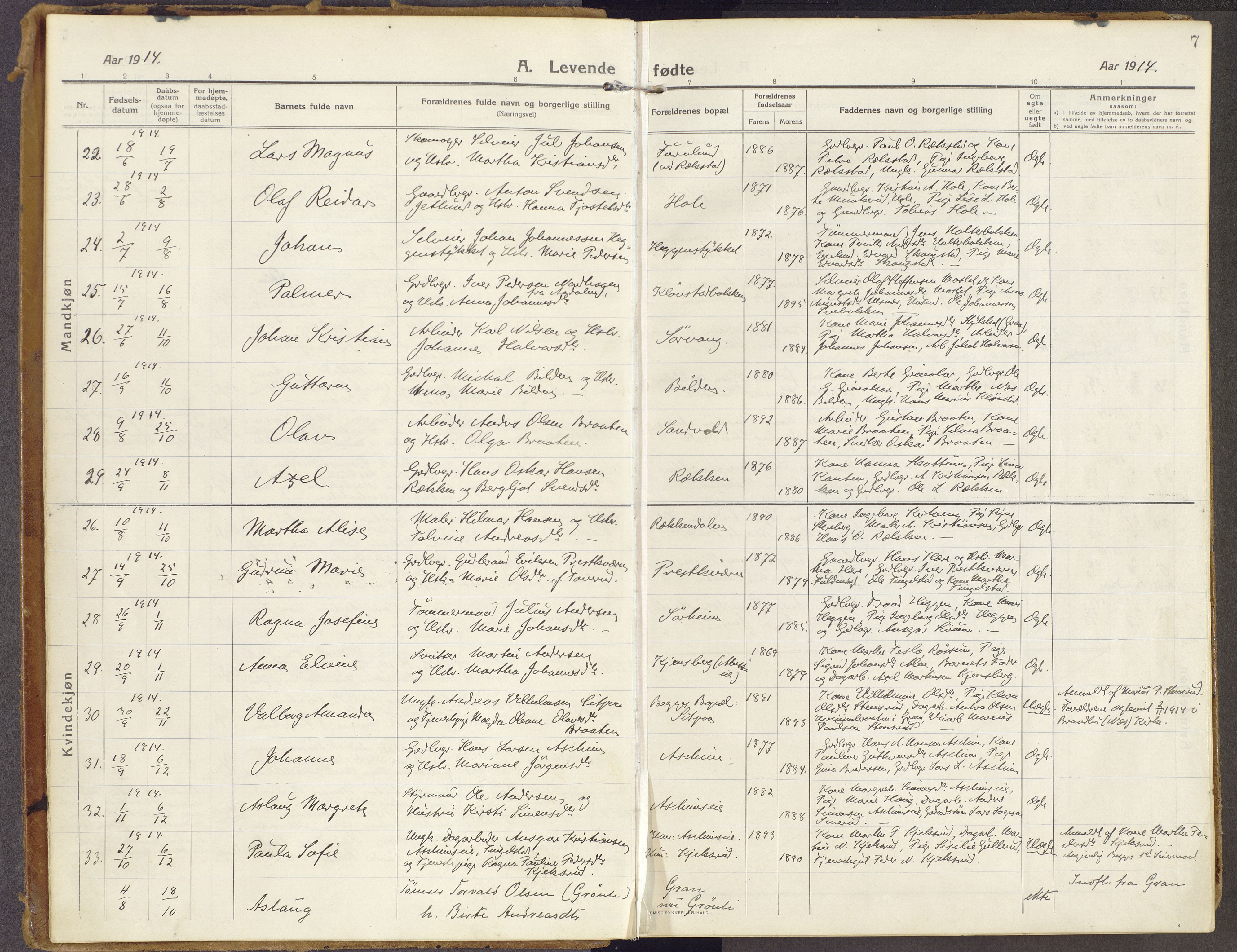 Brandbu prestekontor, SAH/PREST-114/H/Ha/Haa/L0003: Parish register (official) no. 3, 1914-1928, p. 7