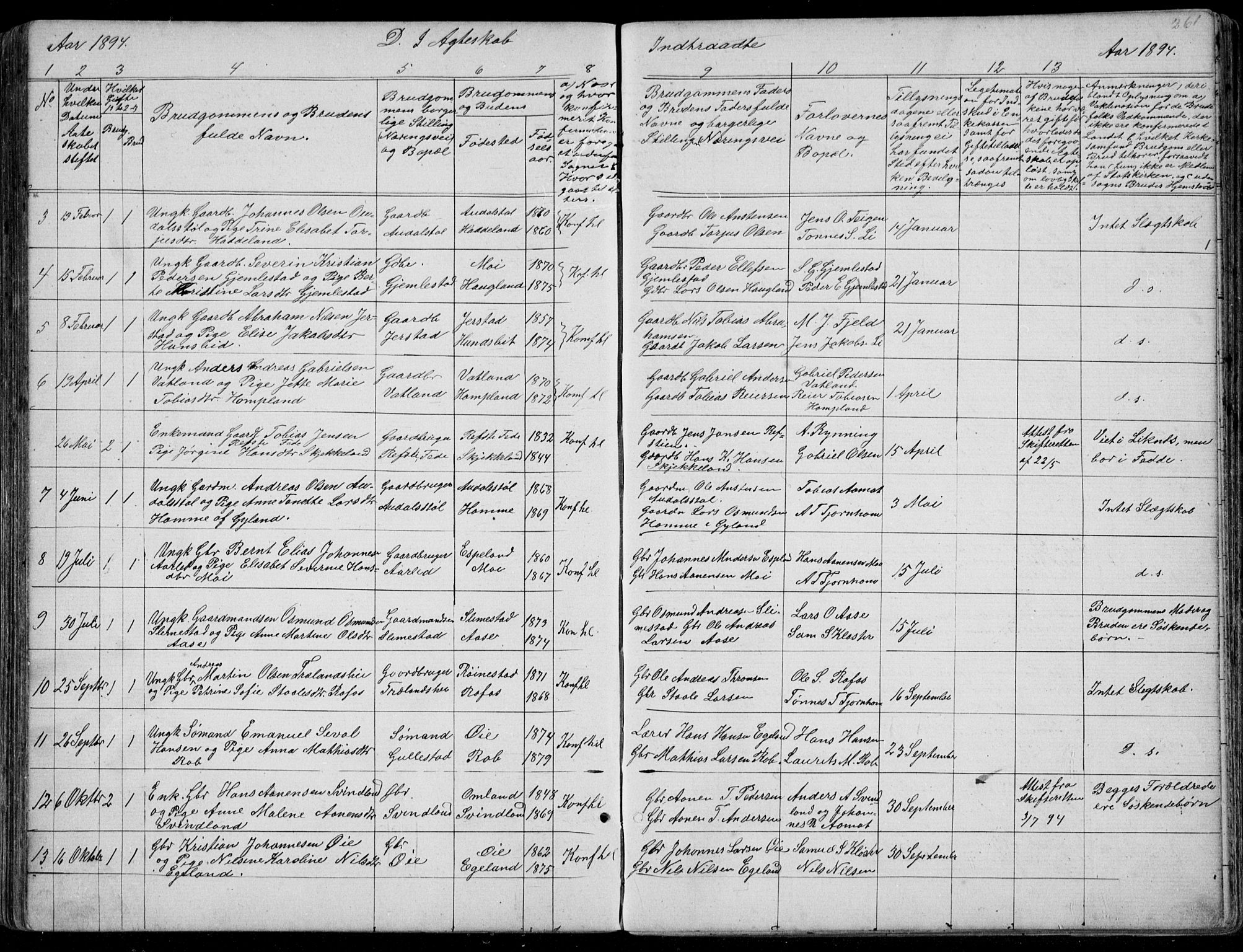 Kvinesdal sokneprestkontor, SAK/1111-0026/F/Fb/Fbb/L0002: Parish register (copy) no. B 2, 1873-1897, p. 261