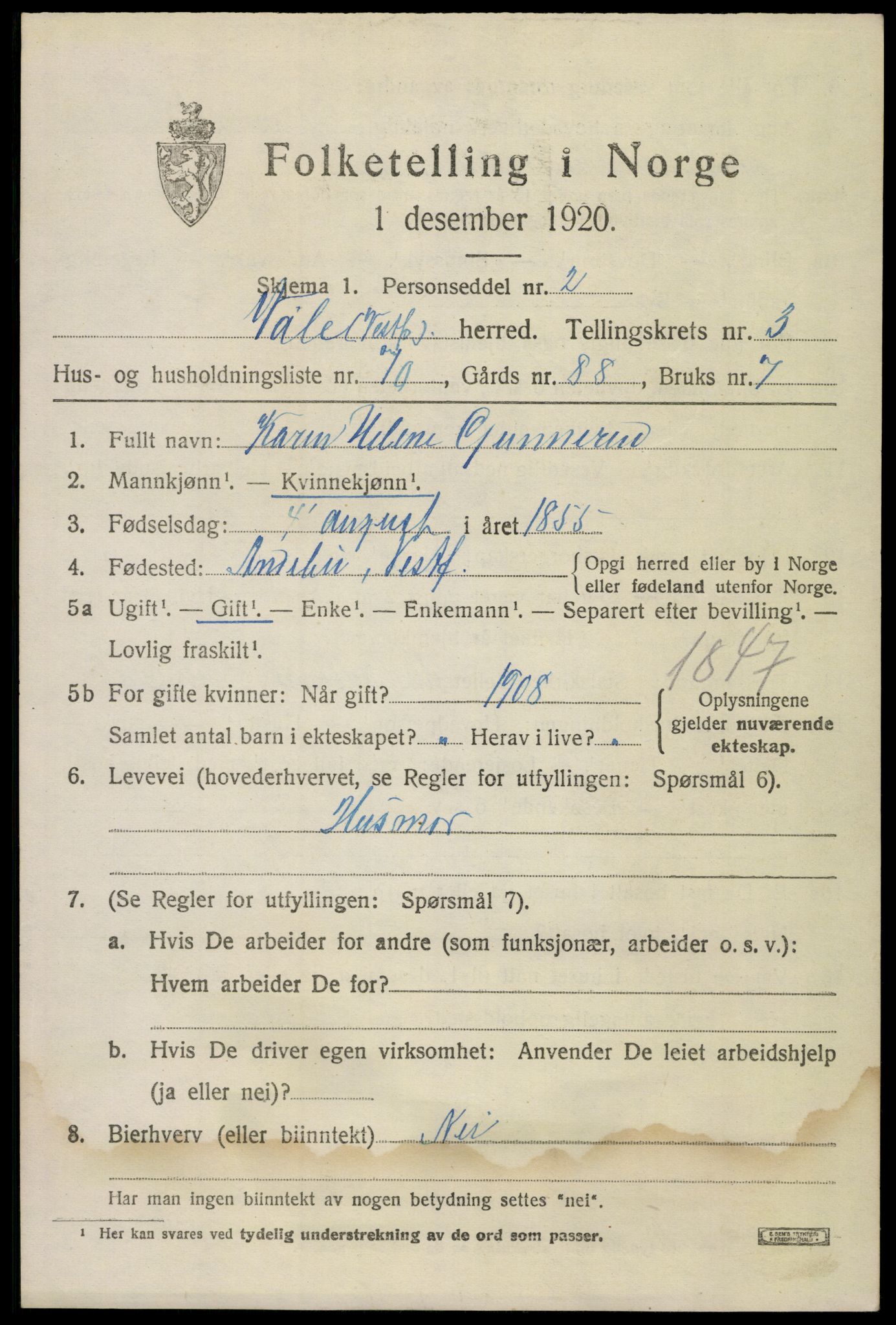 SAKO, 1920 census for Våle, 1920, p. 3138