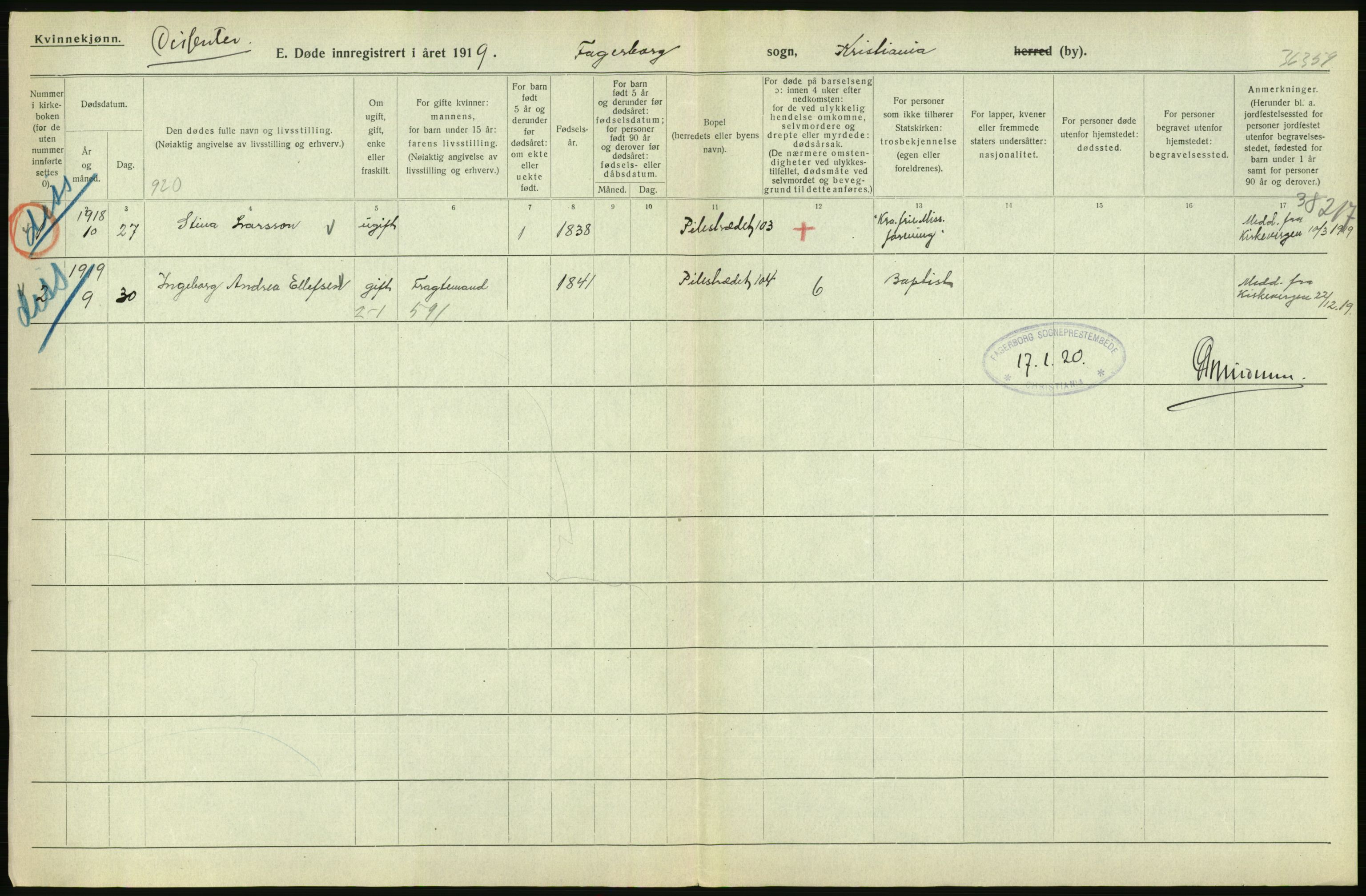 Statistisk sentralbyrå, Sosiodemografiske emner, Befolkning, AV/RA-S-2228/D/Df/Dfb/Dfbi/L0011: Kristiania: Døde, dødfødte, 1919