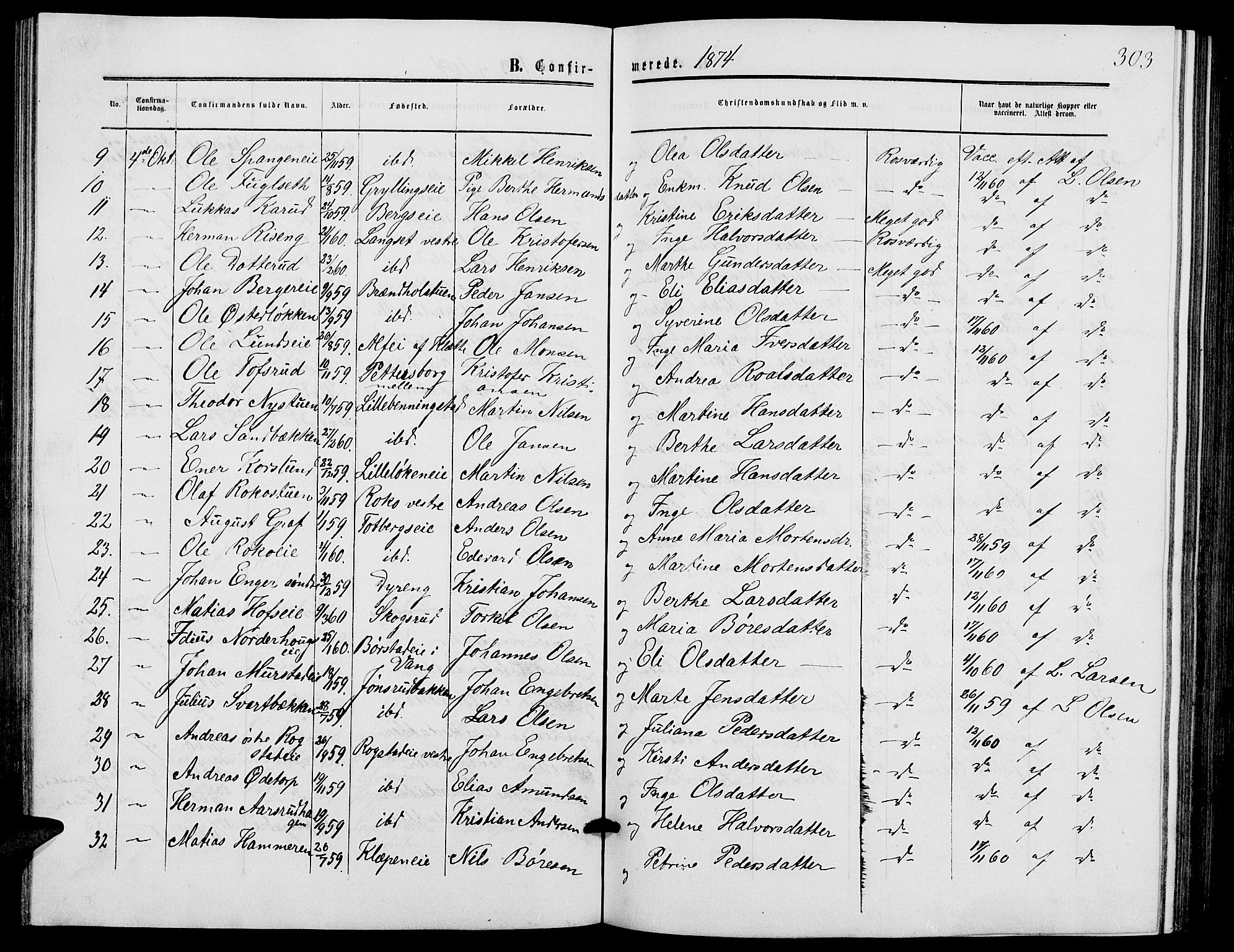 Løten prestekontor, SAH/PREST-022/L/La/L0004: Parish register (copy) no. 4, 1863-1877, p. 303