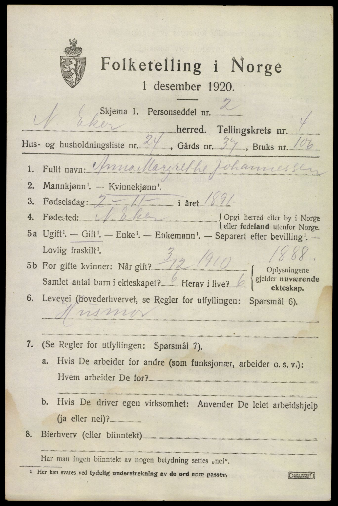 SAKO, 1920 census for Nedre Eiker, 1920, p. 5311