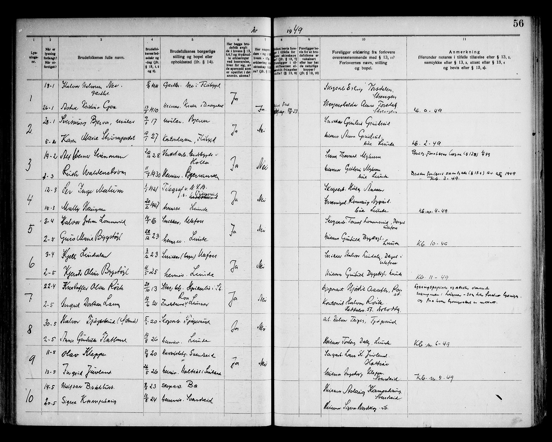 Lunde kirkebøker, SAKO/A-282/H/Ha/L0001: Banns register no. 1, 1919-1966, p. 56