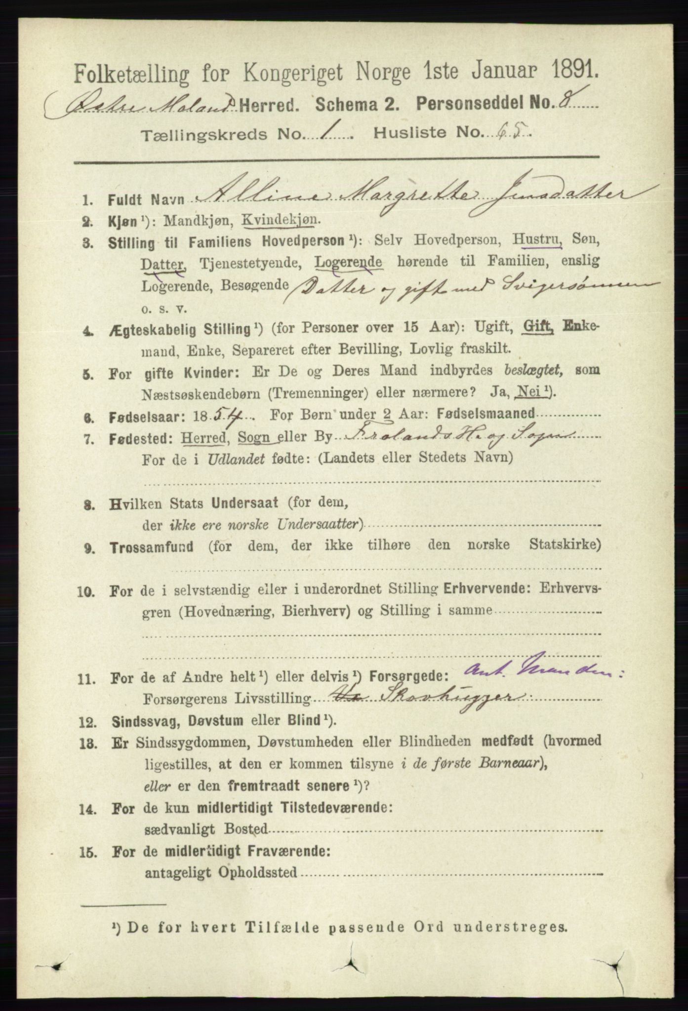 RA, 1891 census for 0918 Austre Moland, 1891, p. 529