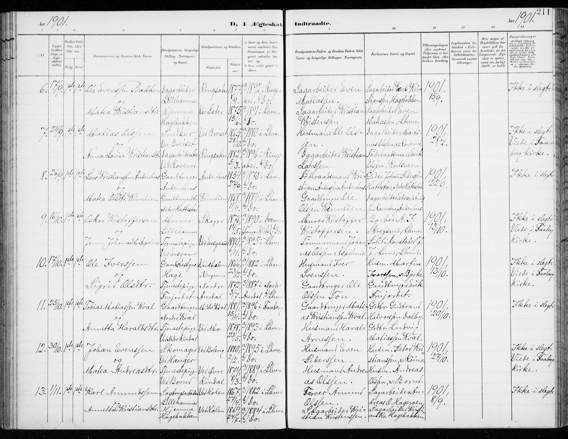 Fåberg prestekontor, AV/SAH-PREST-086/H/Ha/Haa/L0011: Parish register (official) no. 11, 1899-1913, p. 211