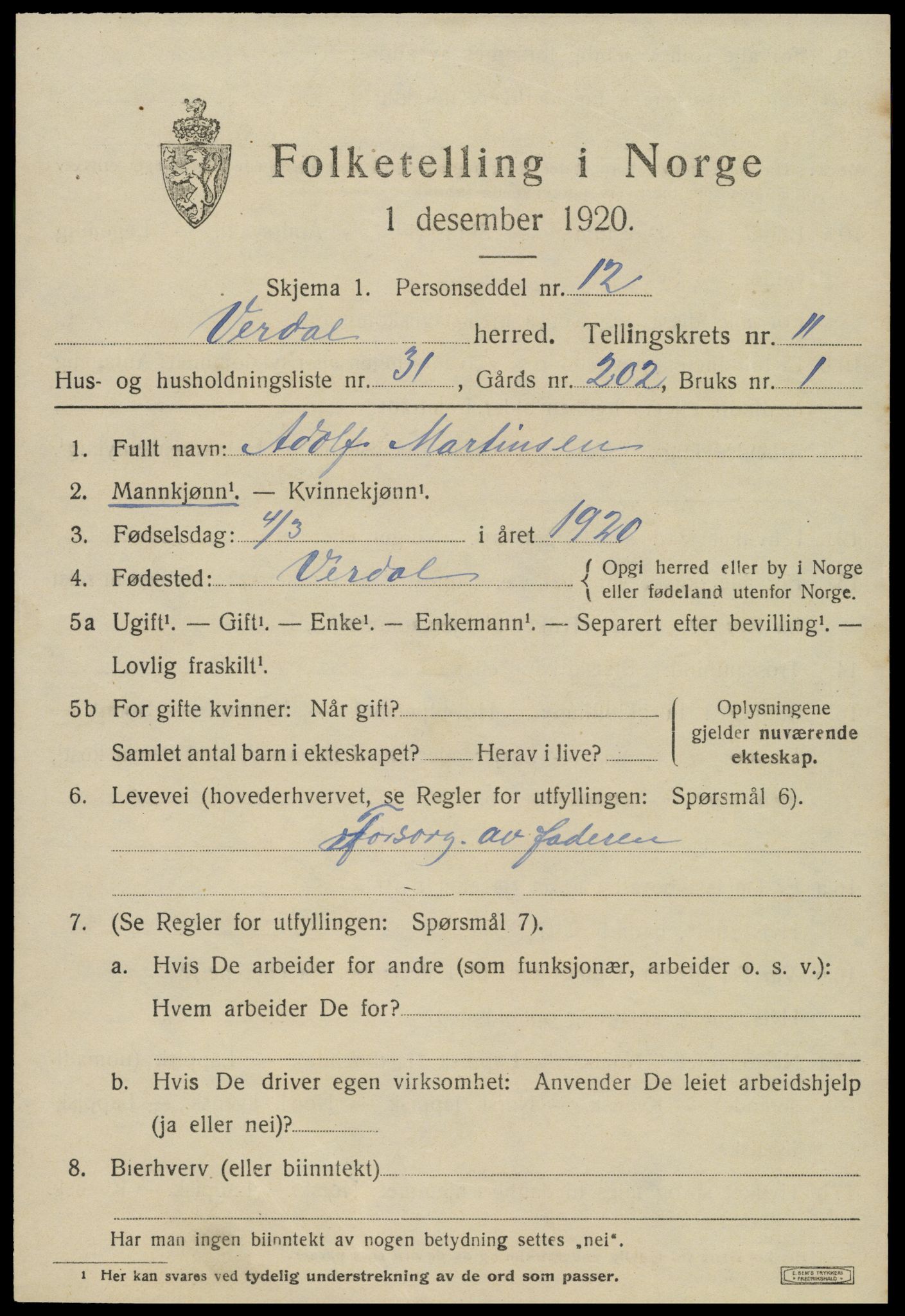 SAT, 1920 census for Verdal, 1920, p. 13259