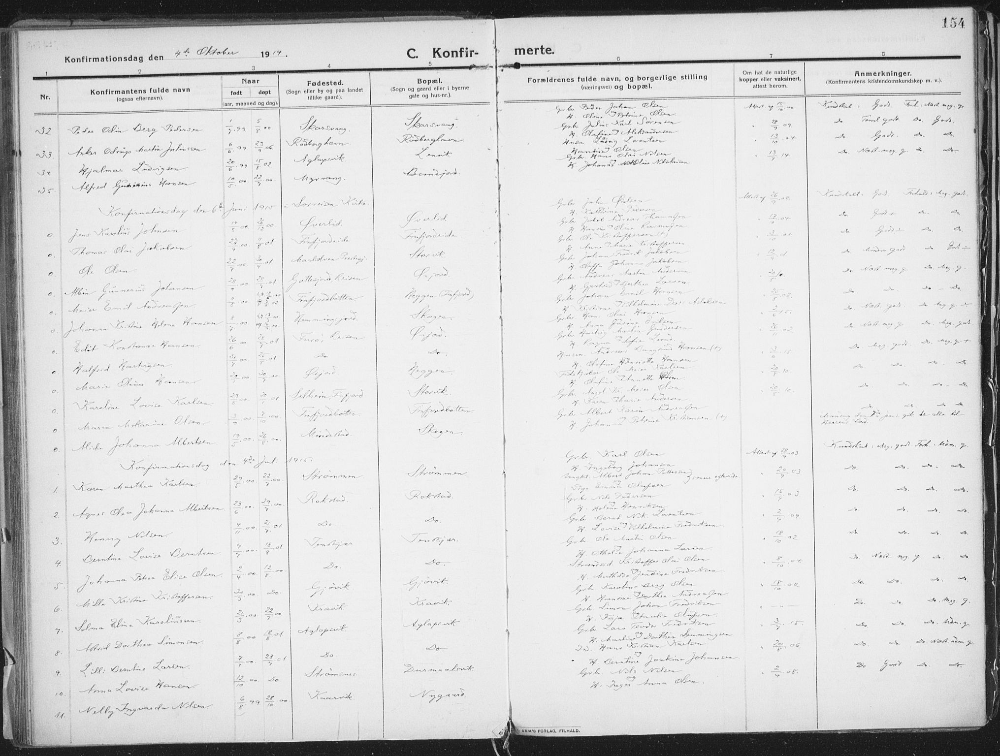 Lenvik sokneprestembete, SATØ/S-1310/H/Ha/Haa/L0016kirke: Parish register (official) no. 16, 1910-1924, p. 154