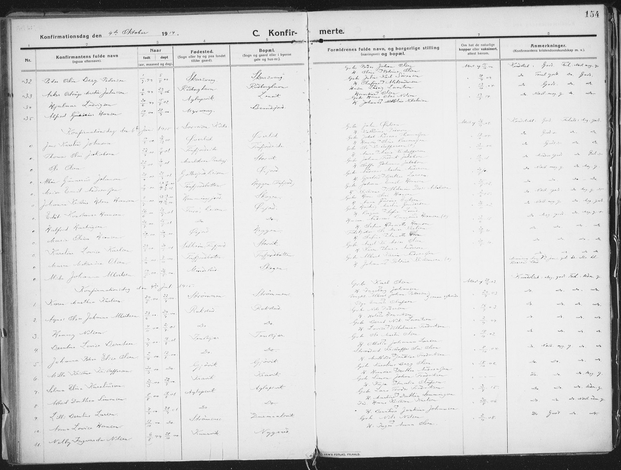 Lenvik sokneprestembete, AV/SATØ-S-1310/H/Ha/Haa/L0016kirke: Parish register (official) no. 16, 1910-1924, p. 154