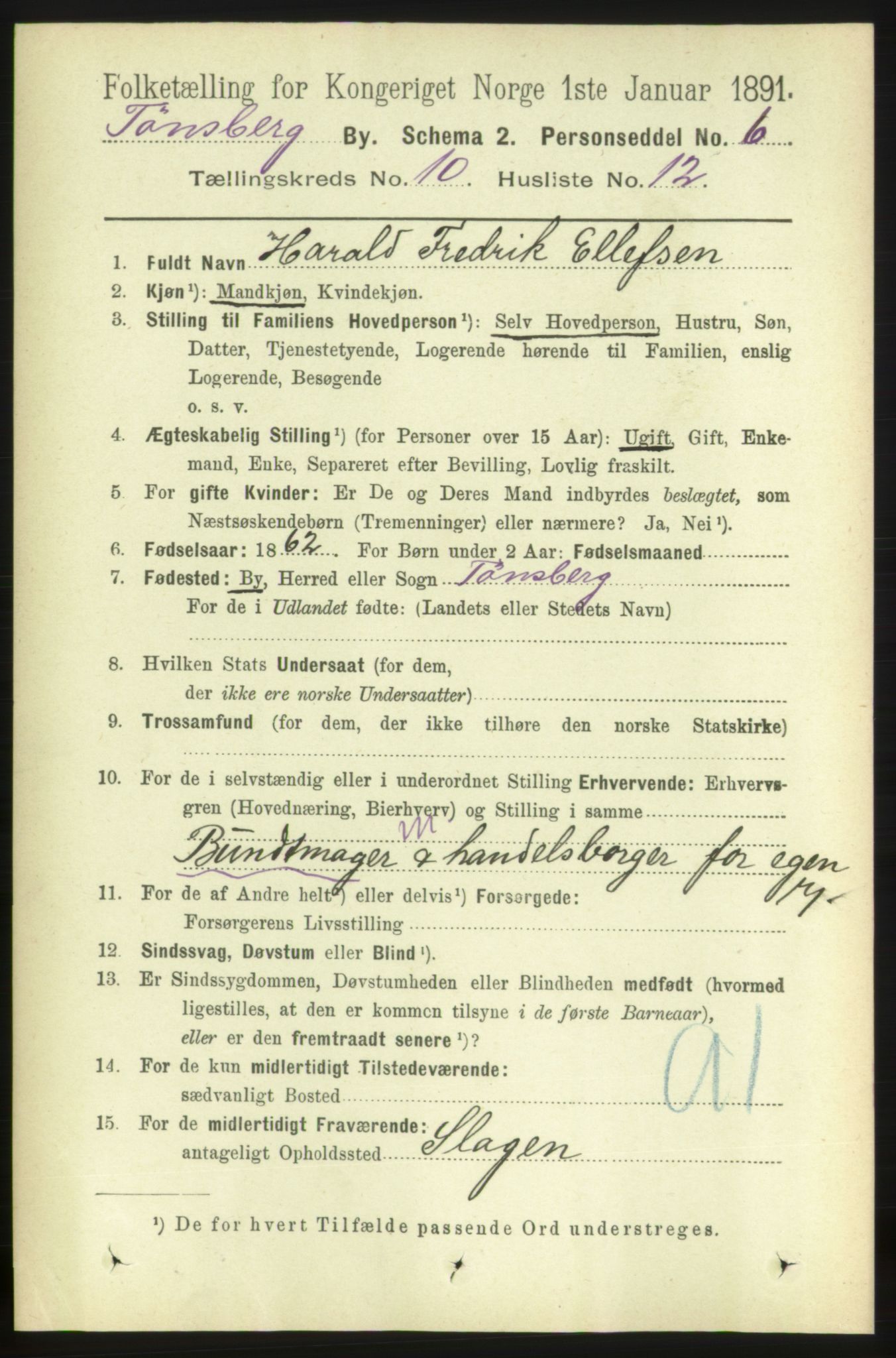 RA, 1891 census for 0705 Tønsberg, 1891, p. 3758