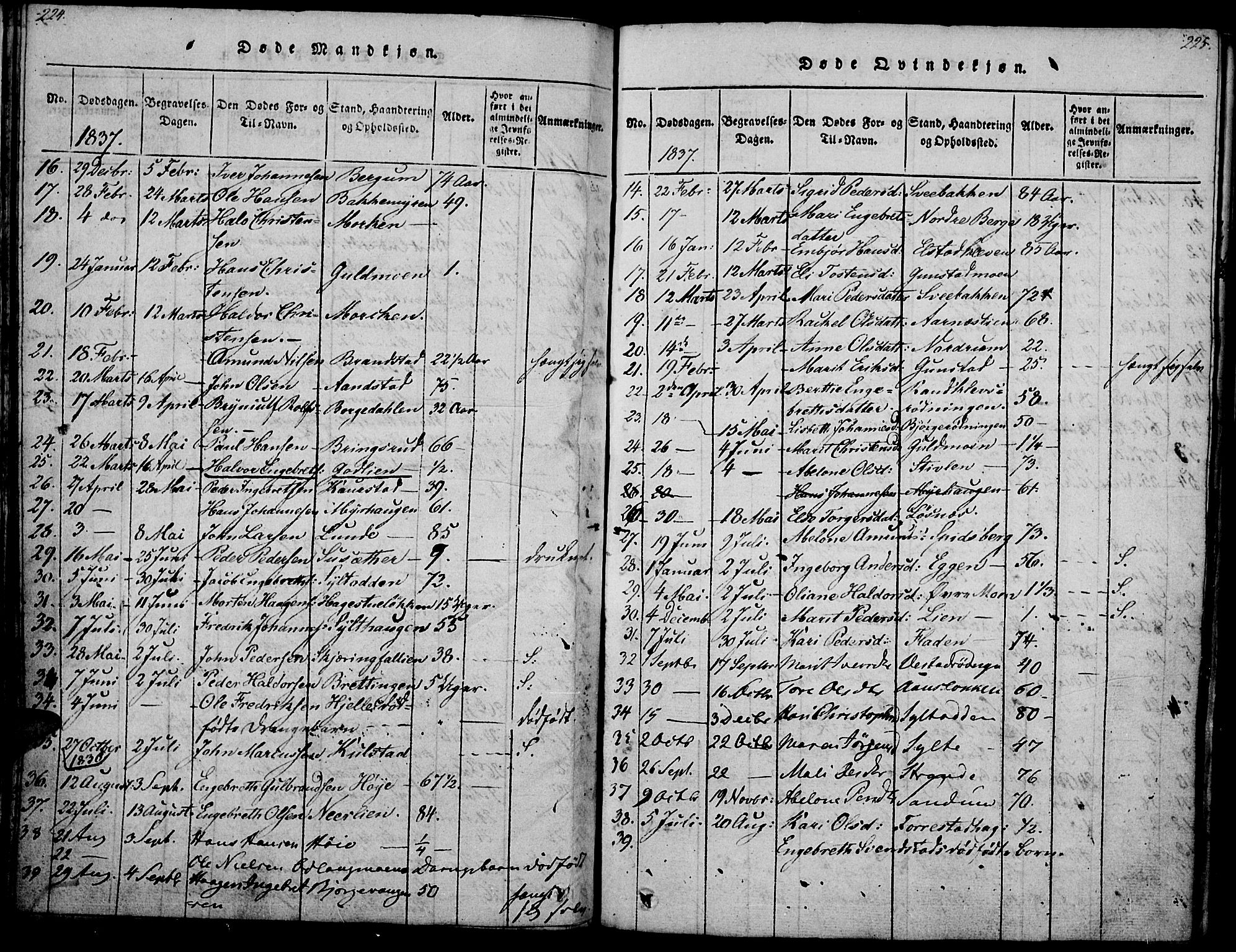 Ringebu prestekontor, SAH/PREST-082/H/Ha/Haa/L0004: Parish register (official) no. 4, 1821-1839, p. 224-225