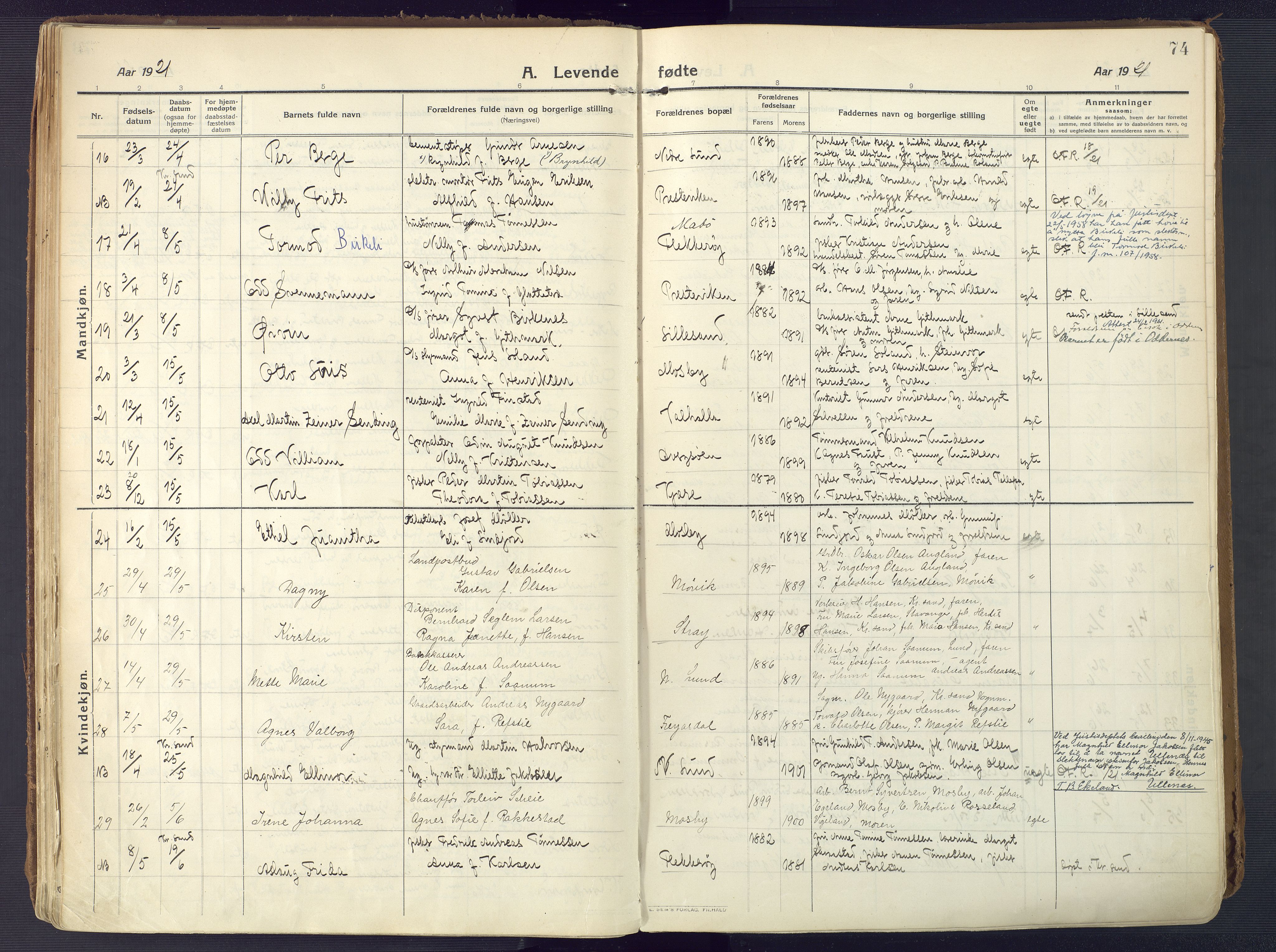 Oddernes sokneprestkontor, AV/SAK-1111-0033/F/Fa/Faa/L0012: Parish register (official) no. A 12, 1912-1925, p. 74