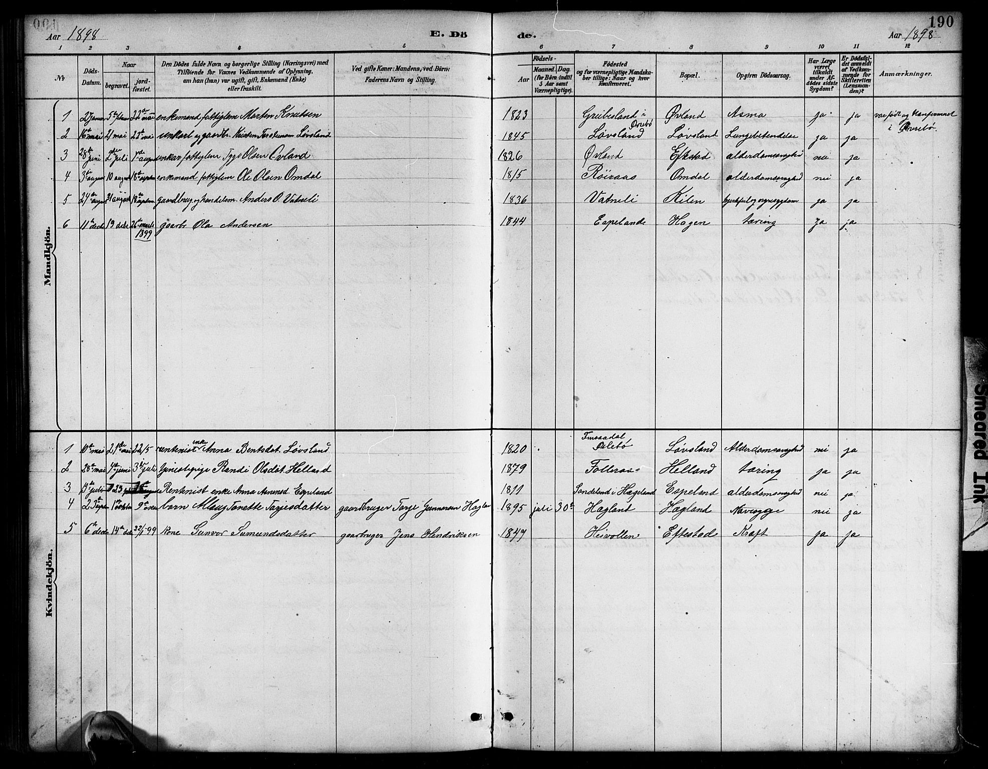Bjelland sokneprestkontor, SAK/1111-0005/F/Fb/Fbb/L0005: Parish register (copy) no. B 5, 1887-1918, p. 190