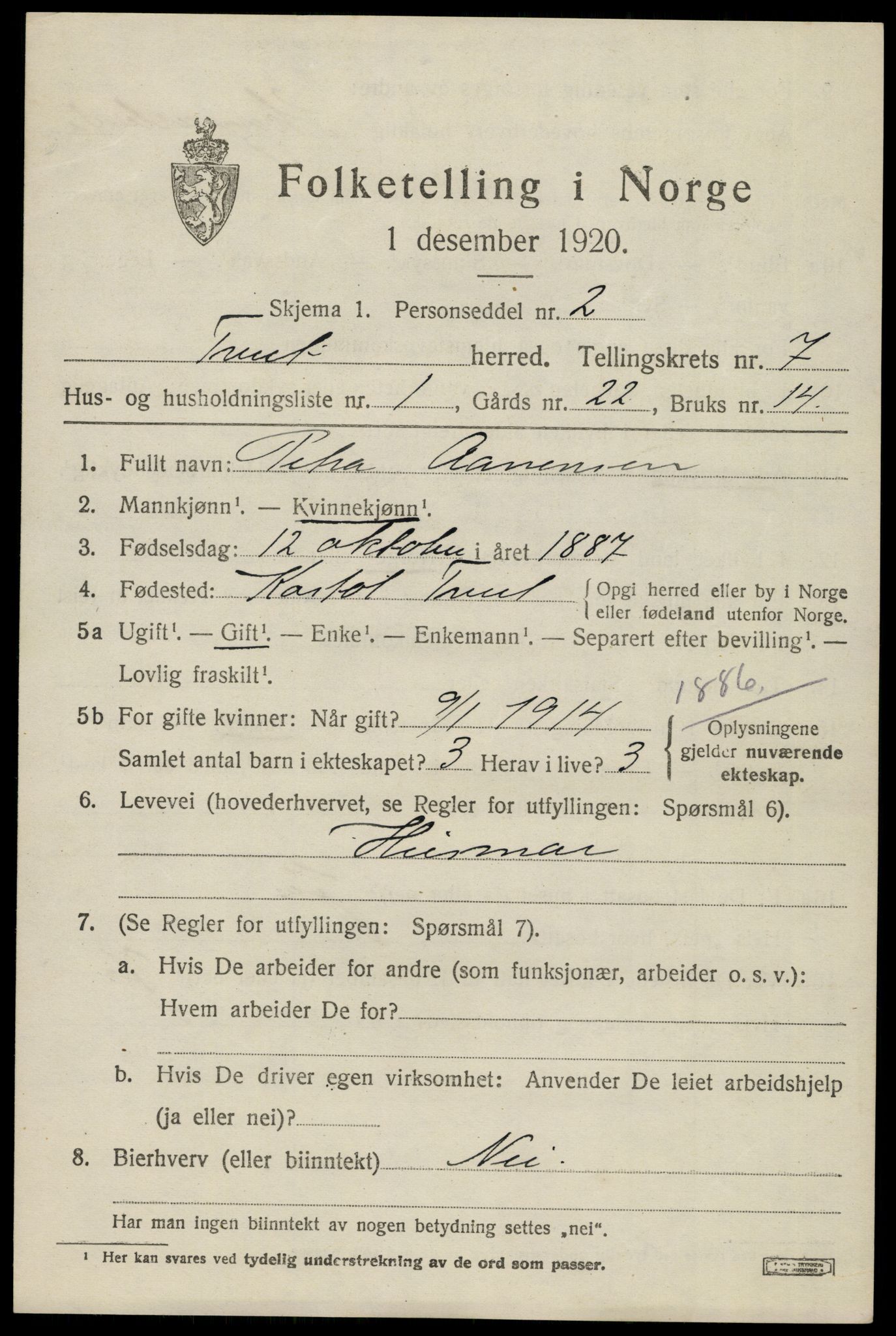 SAK, 1920 census for Tveit, 1920, p. 3198