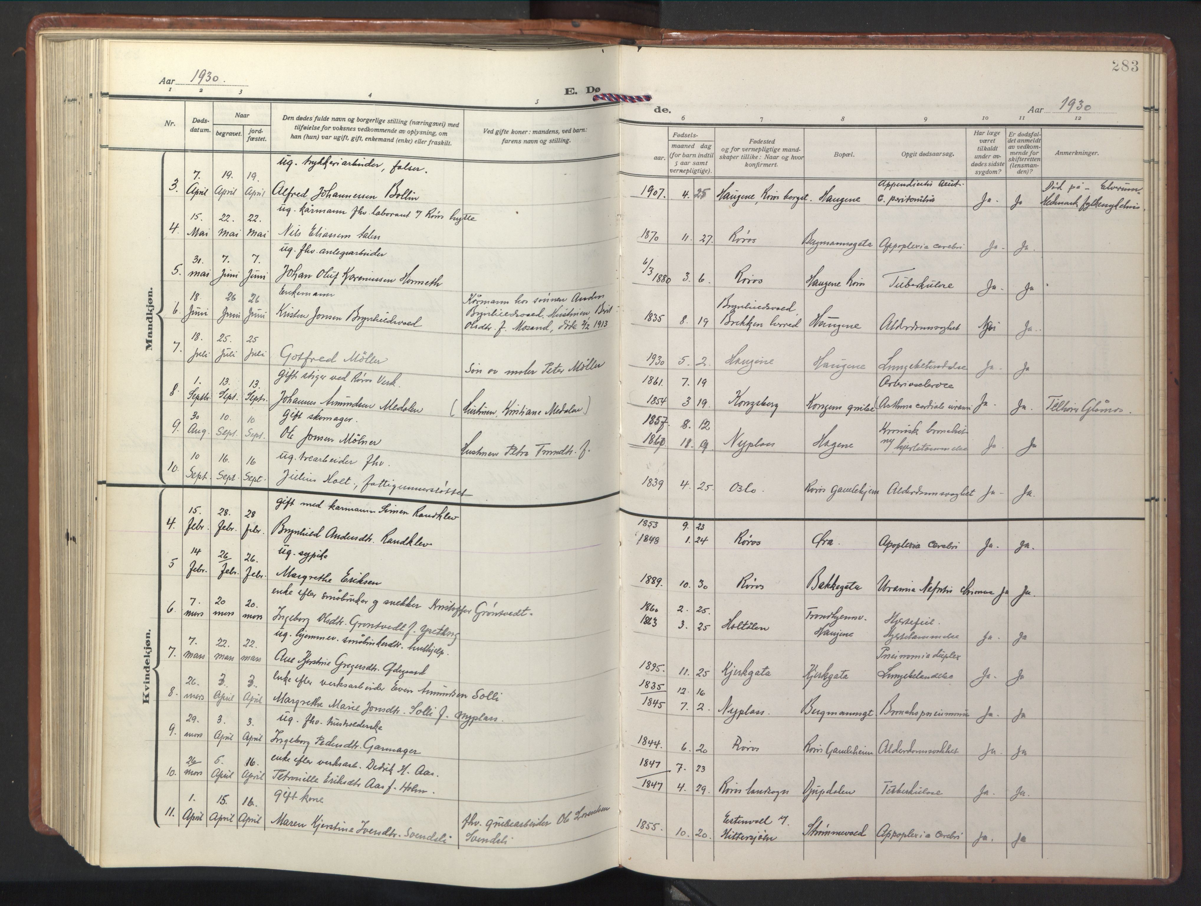 Ministerialprotokoller, klokkerbøker og fødselsregistre - Sør-Trøndelag, SAT/A-1456/681/L0943: Parish register (copy) no. 681C07, 1926-1954, p. 283