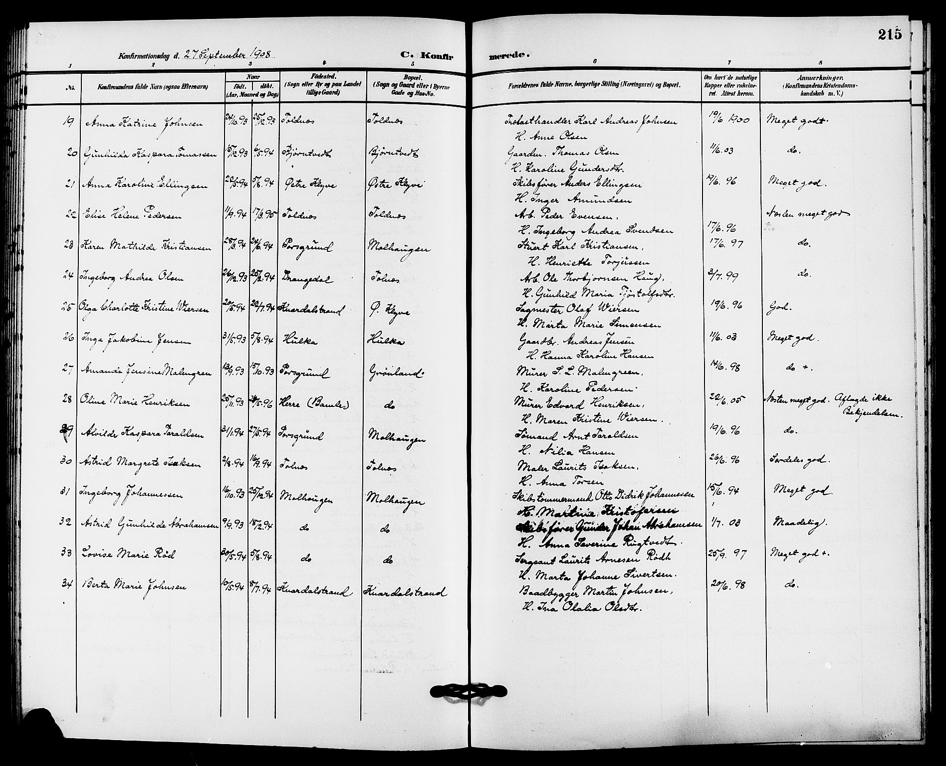 Solum kirkebøker, SAKO/A-306/G/Ga/L0008: Parish register (copy) no. I 8, 1898-1909, p. 215