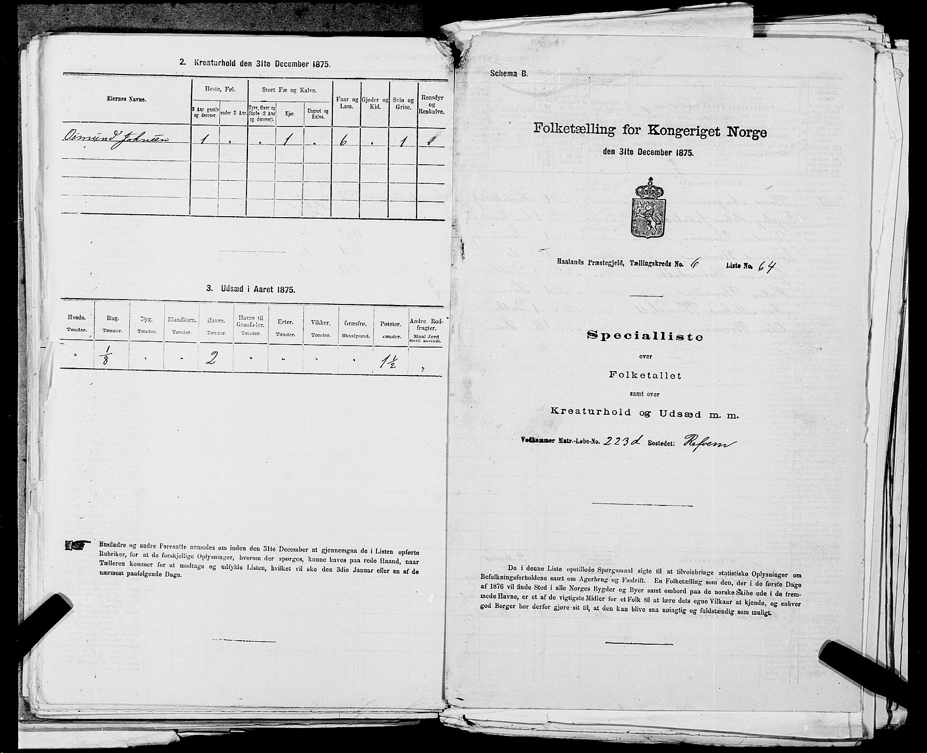 SAST, 1875 census for 1124P Håland, 1875, p. 1004