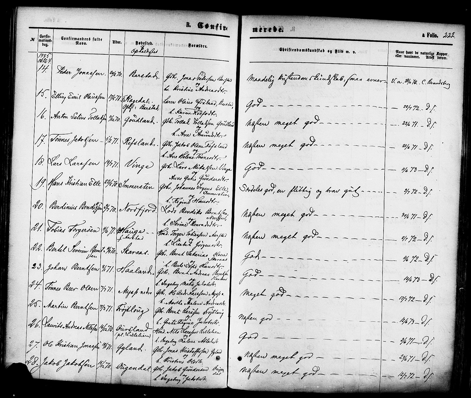 Sokndal sokneprestkontor, AV/SAST-A-101808: Parish register (official) no. A 10, 1874-1886, p. 222