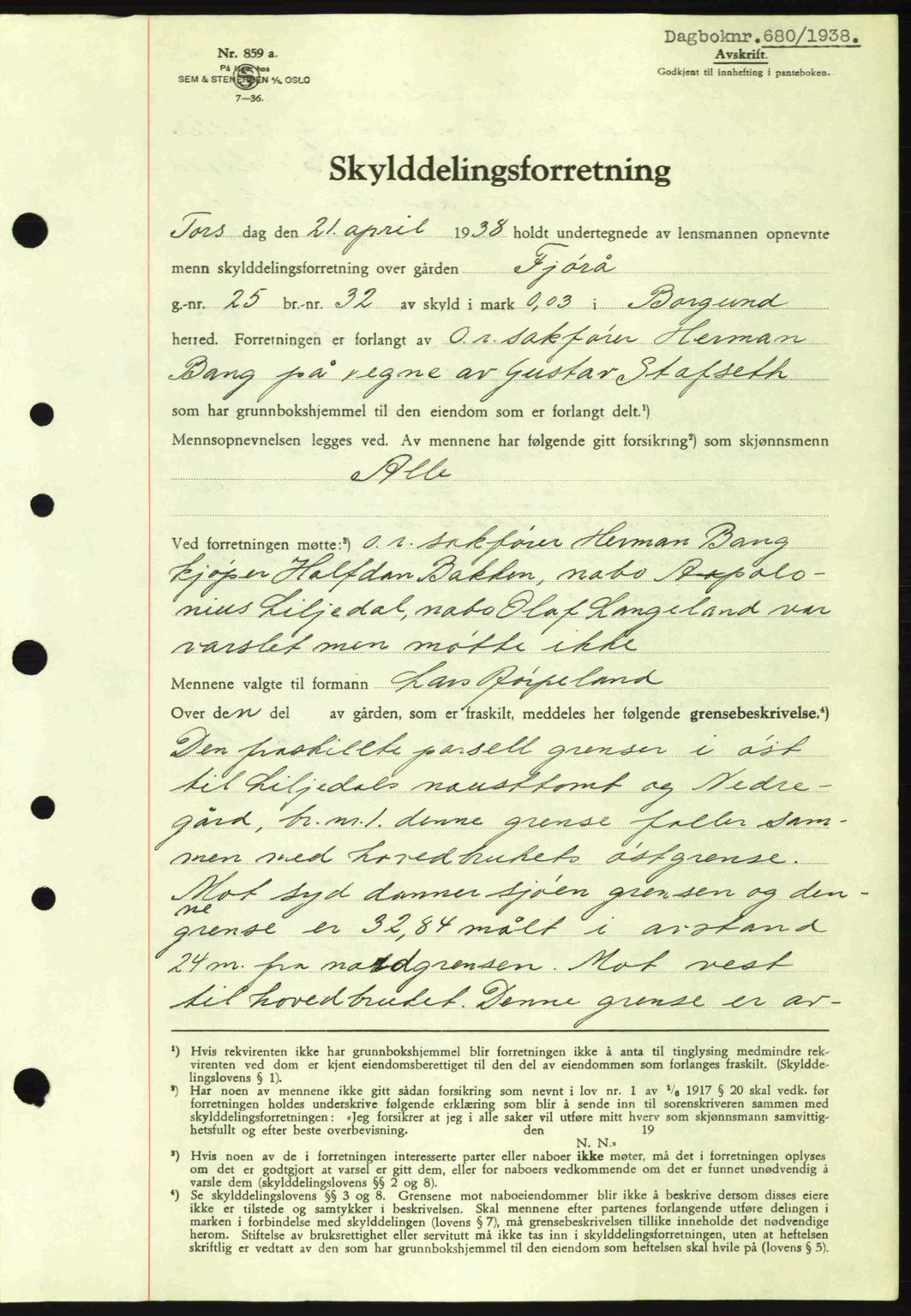 Nordre Sunnmøre sorenskriveri, AV/SAT-A-0006/1/2/2C/2Ca: Mortgage book no. A4, 1937-1938, Diary no: : 680/1938