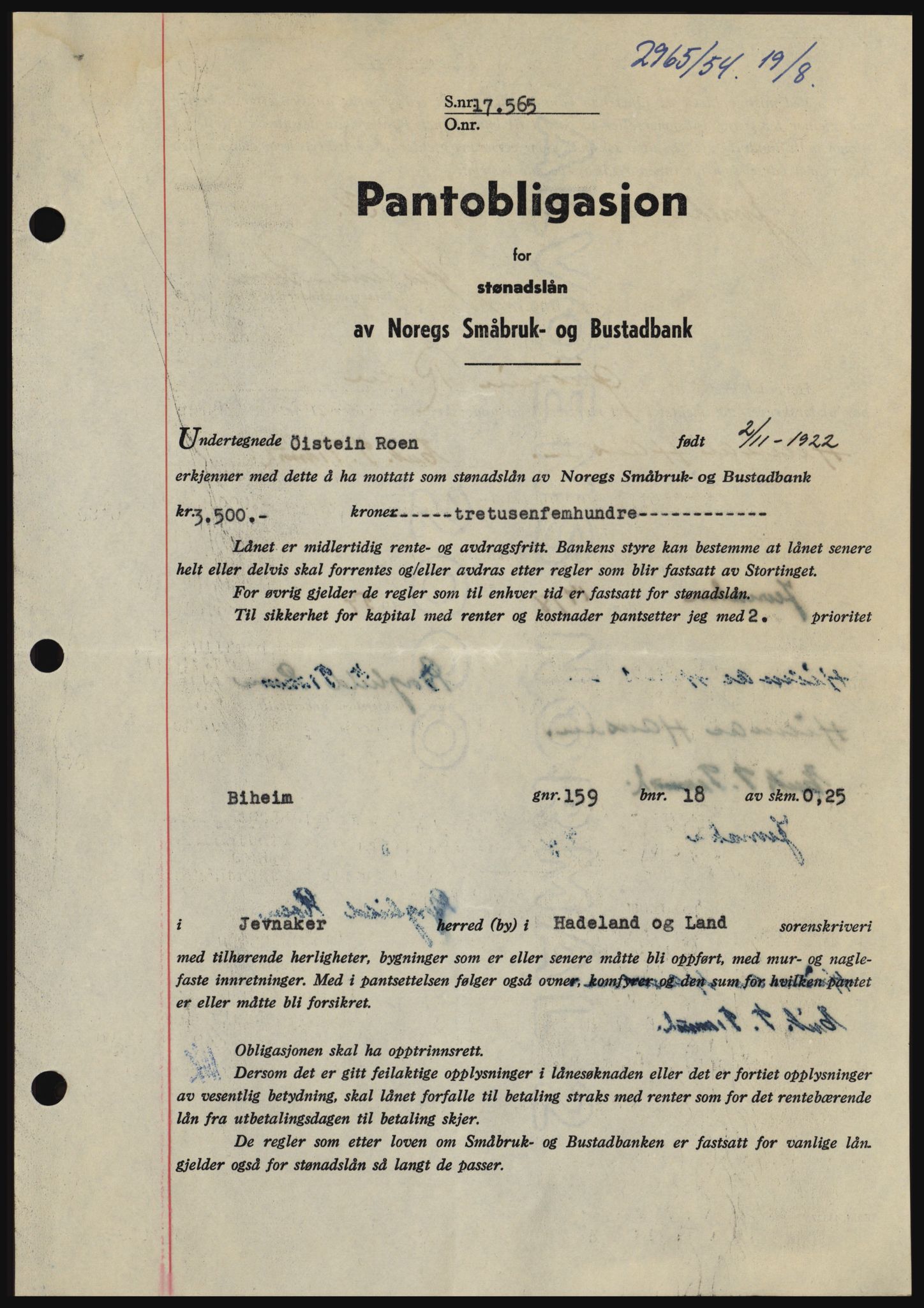 Hadeland og Land tingrett, AV/SAH-TING-010/H/Hb/Hbc/L0030: Mortgage book no. B30, 1954-1954, Diary no: : 2965/1954