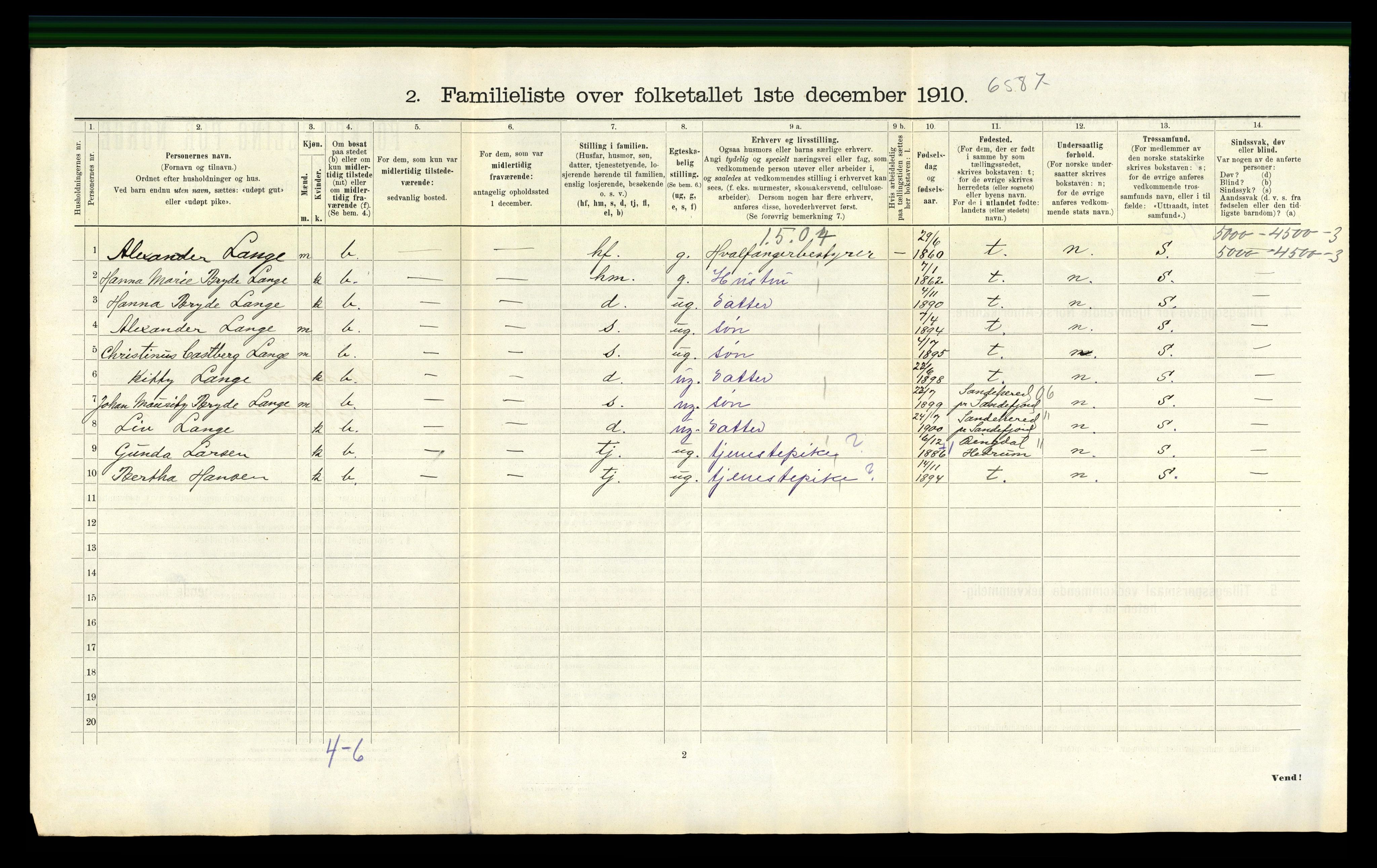 RA, 1910 census for Sandefjord, 1910, p. 3111