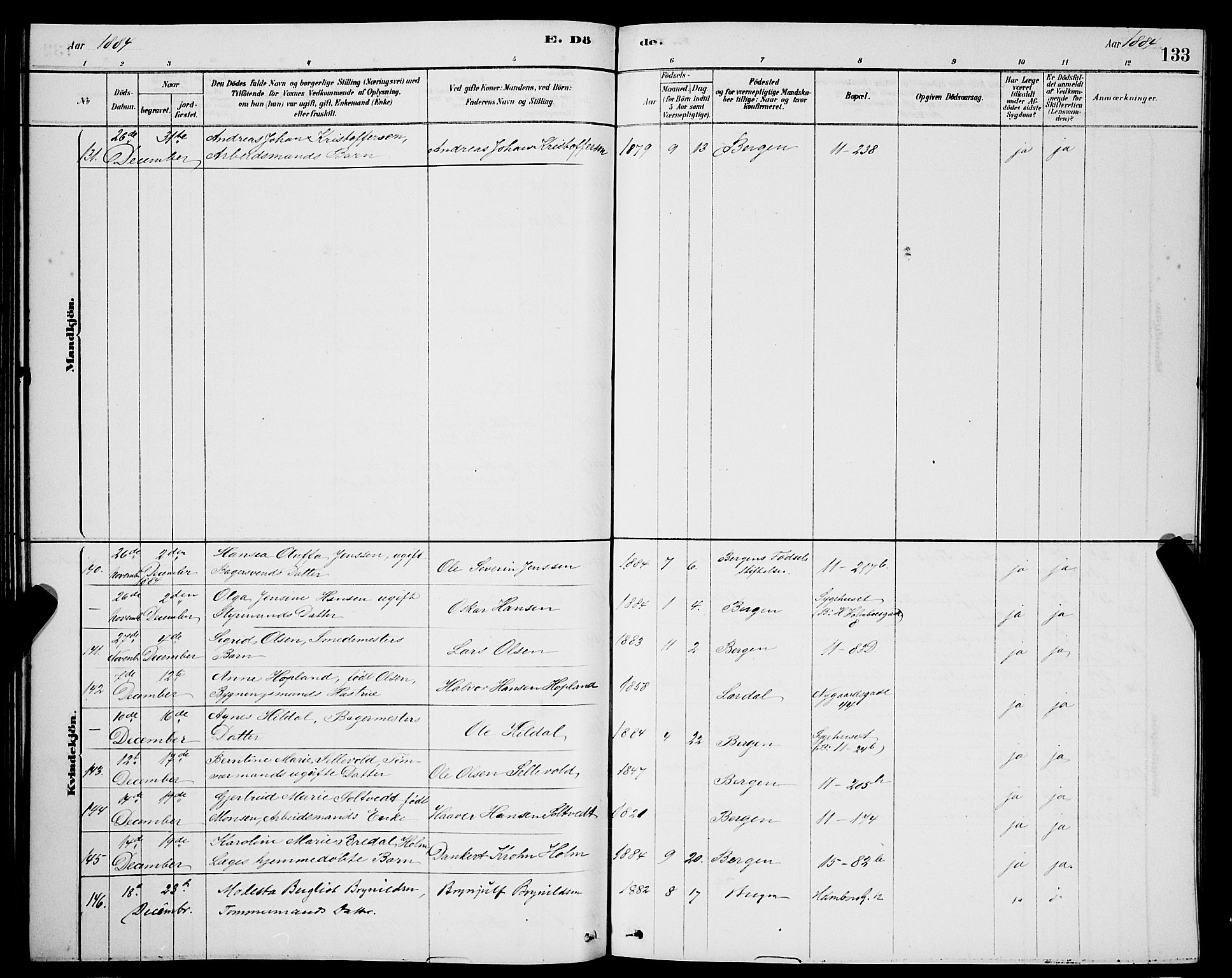 Domkirken sokneprestembete, AV/SAB-A-74801/H/Hab/L0041: Parish register (copy) no. E 5, 1878-1900, p. 133