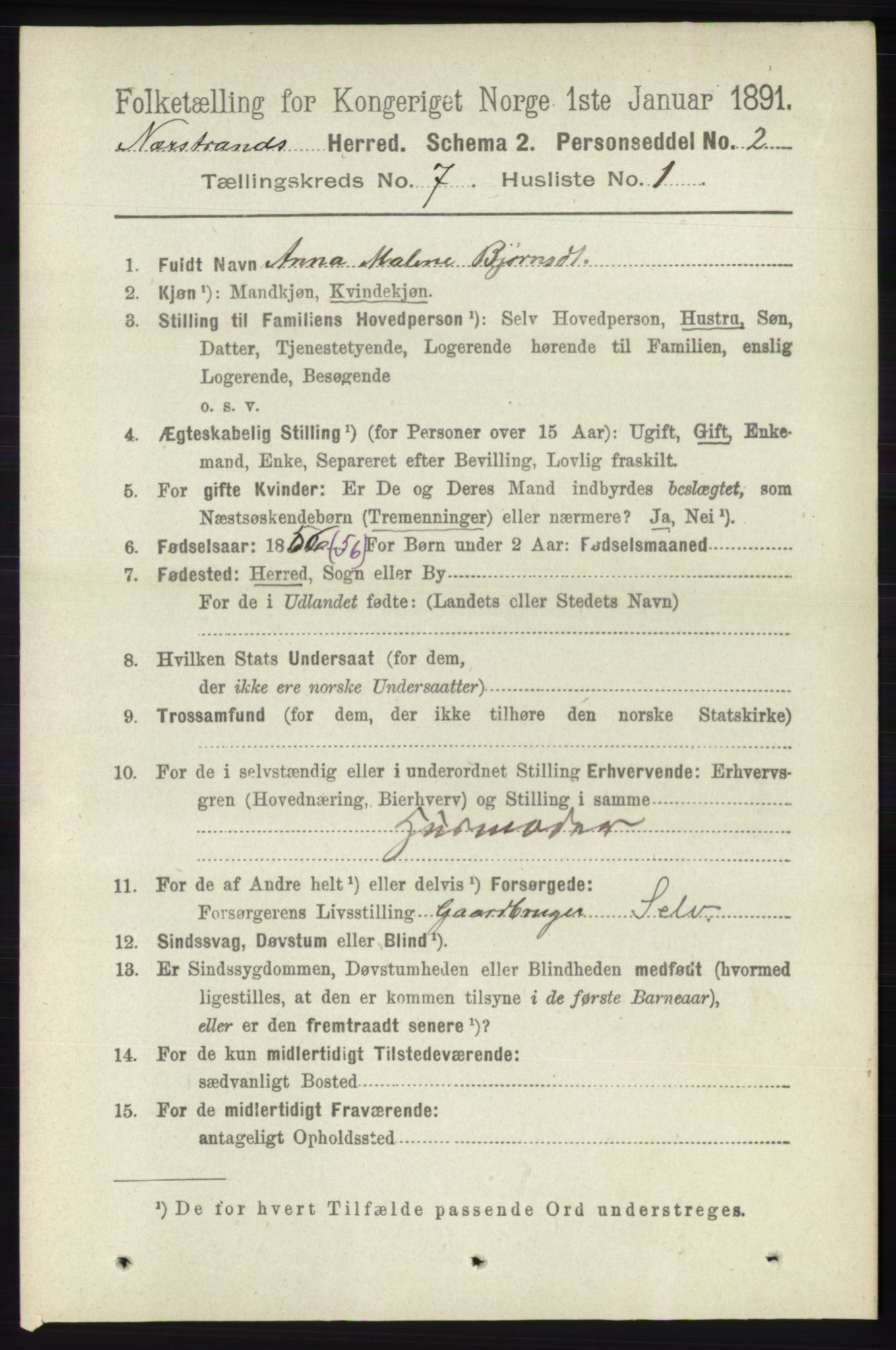 RA, 1891 census for 1139 Nedstrand, 1891, p. 1190