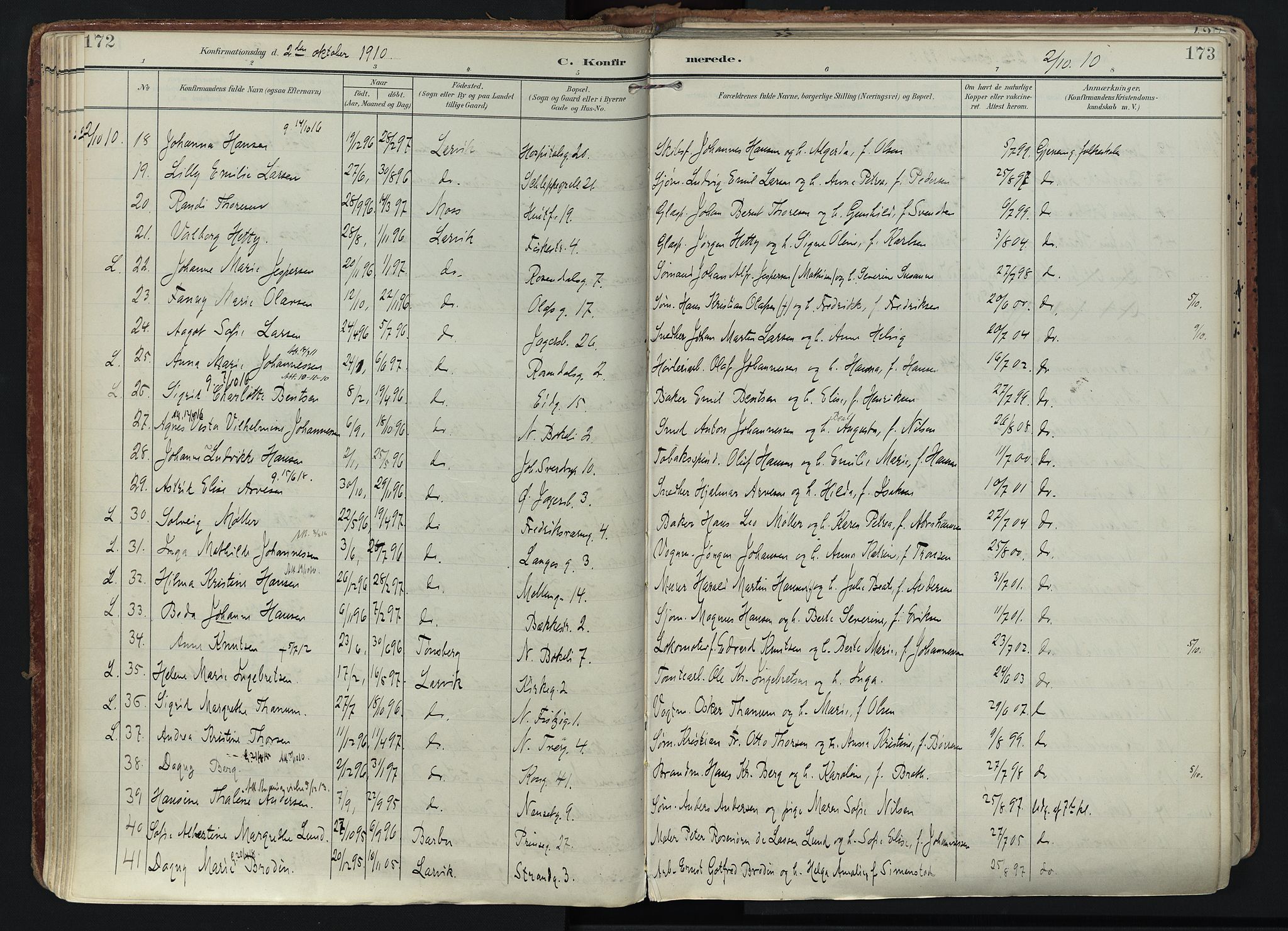 Larvik kirkebøker, SAKO/A-352/F/Fa/L0011: Parish register (official) no. I 11, 1902-1922, p. 172-173