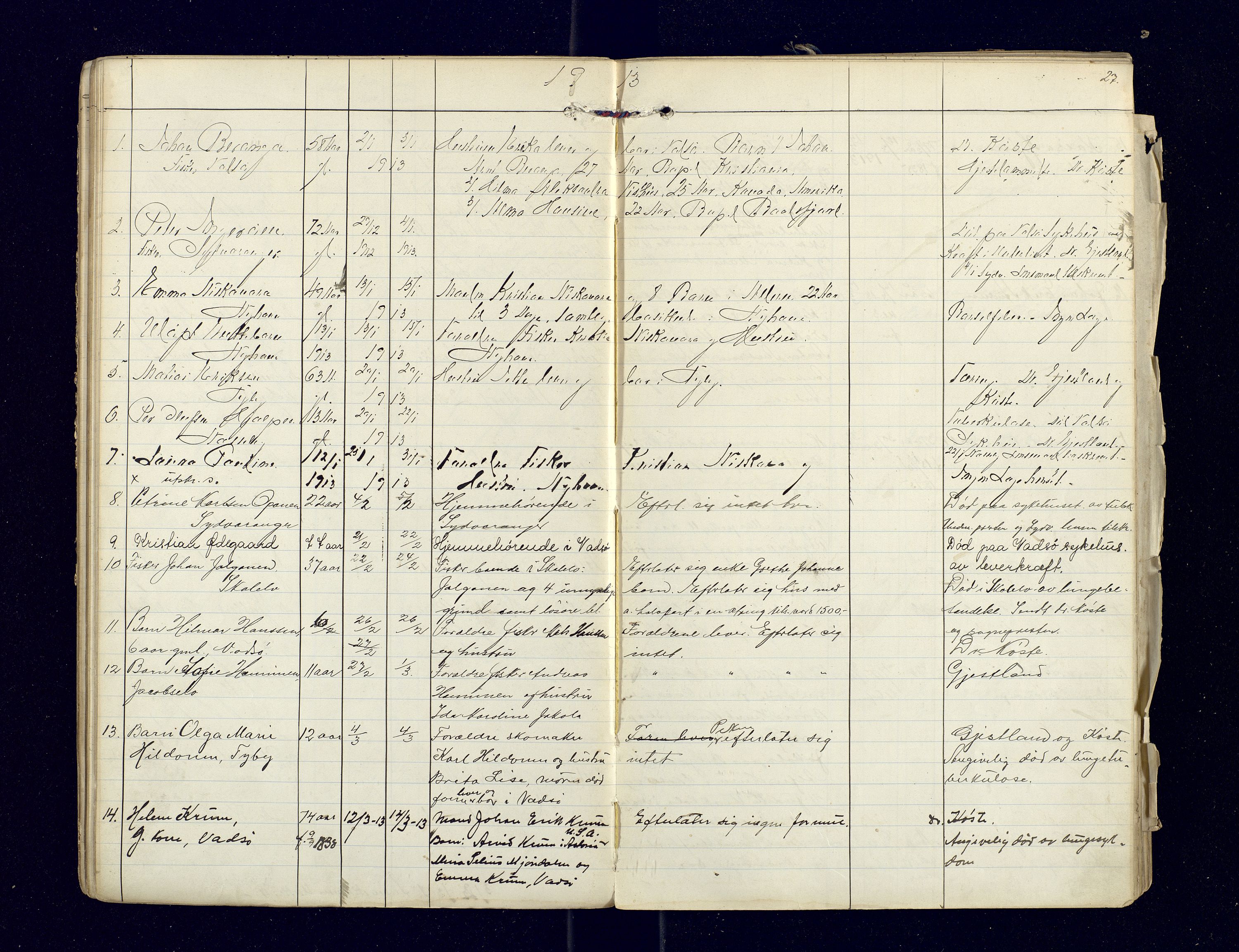 Nord-Varanger (Vadsø) lensmannskontor, AV/SATØ-S-1166/1/Fi/Fia/L0158: Dødsfallsprotokoller, 1908-1920, p. 27