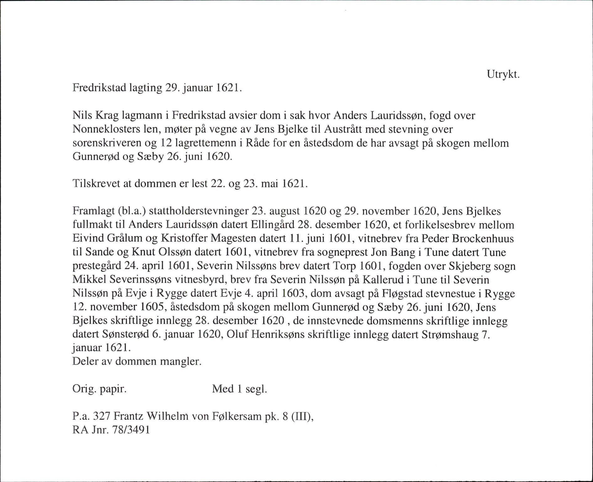 Riksarkivets diplomsamling, AV/RA-EA-5965/F35/F35i/L0001: DRA 1978 Følkersam, p. 151