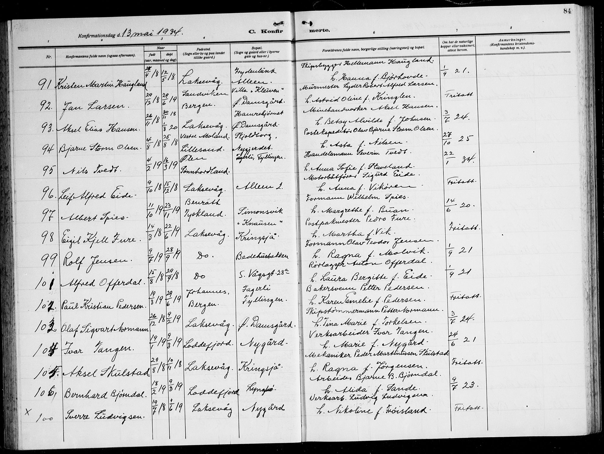 Laksevåg Sokneprestembete, AV/SAB-A-76501/H/Ha/Hab/Haba: Parish register (copy) no. A 10, 1925-1942, p. 84