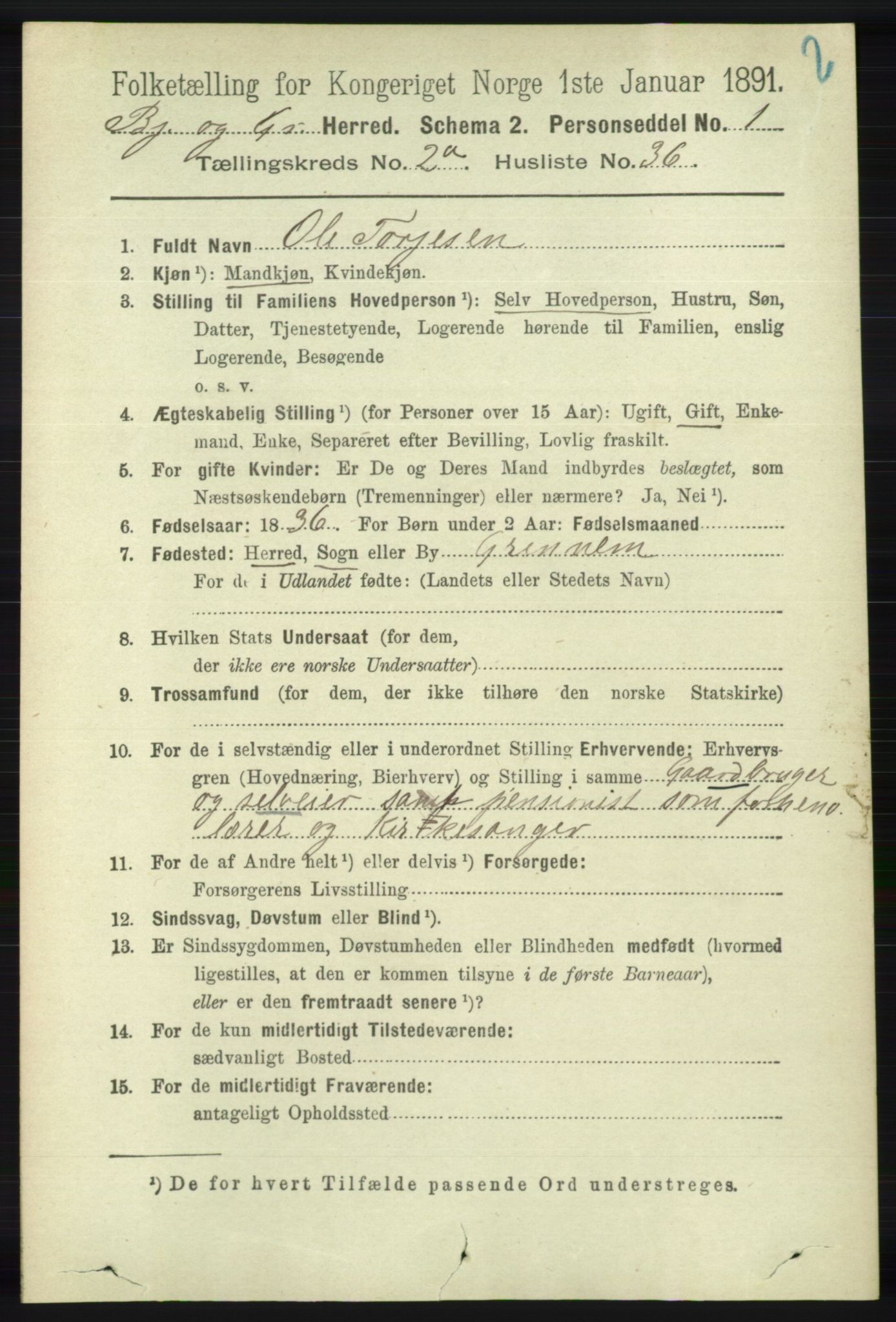 RA, 1891 census for 1024 Bjelland og Grindheim, 1891, p. 516
