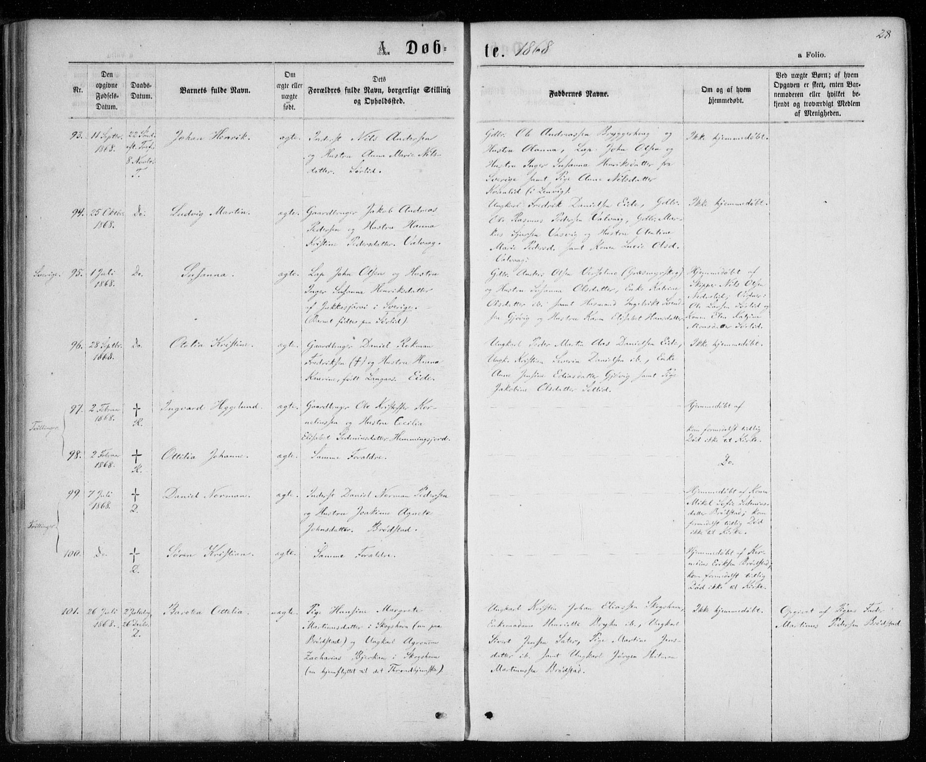Tranøy sokneprestkontor, AV/SATØ-S-1313/I/Ia/Iaa/L0008kirke: Parish register (official) no. 8, 1867-1877, p. 28