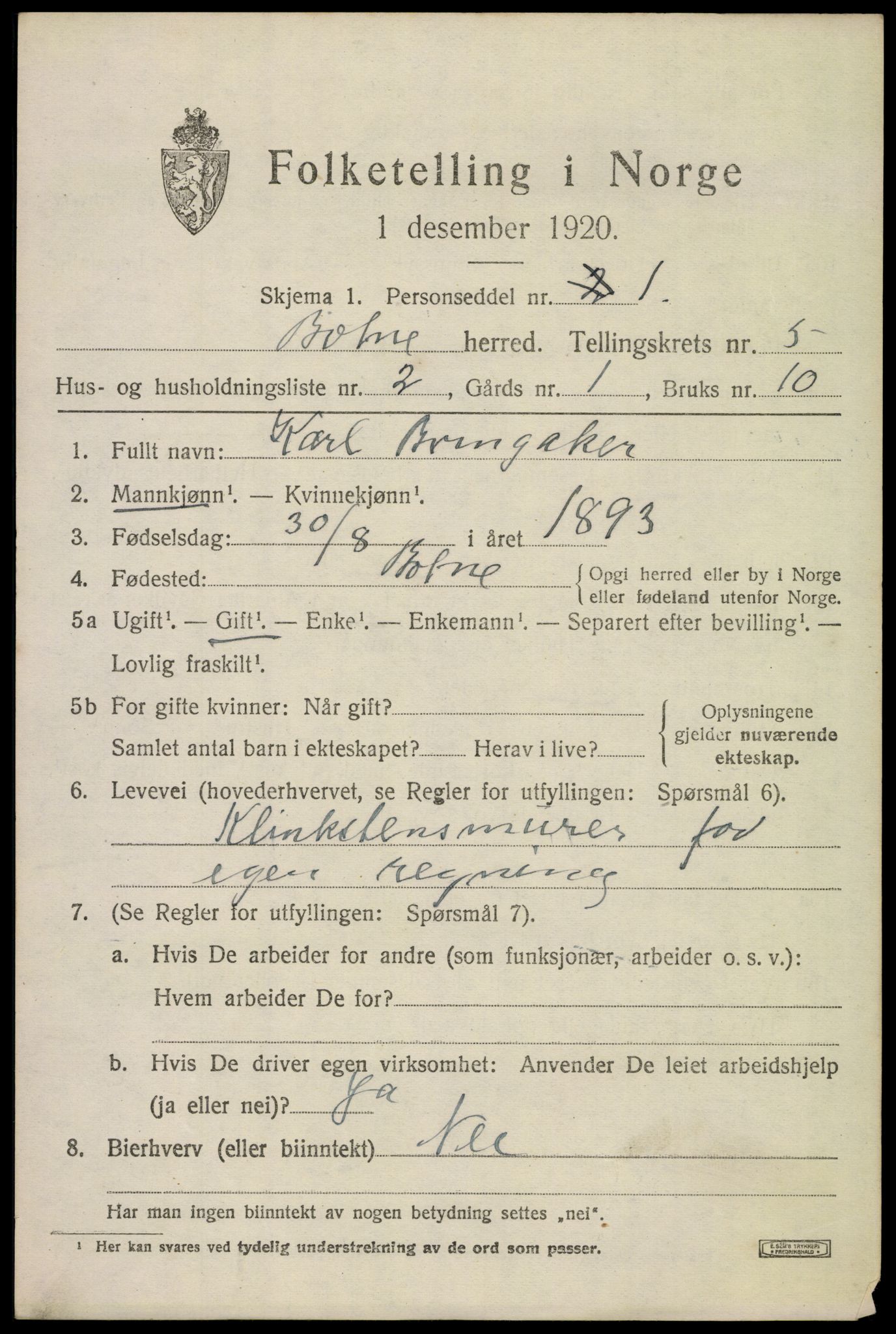 SAKO, 1920 census for Botne, 1920, p. 4243